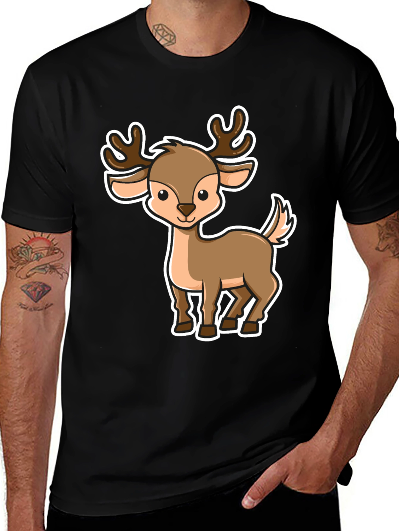 Cute Cartoon Deer Black T-Shirt