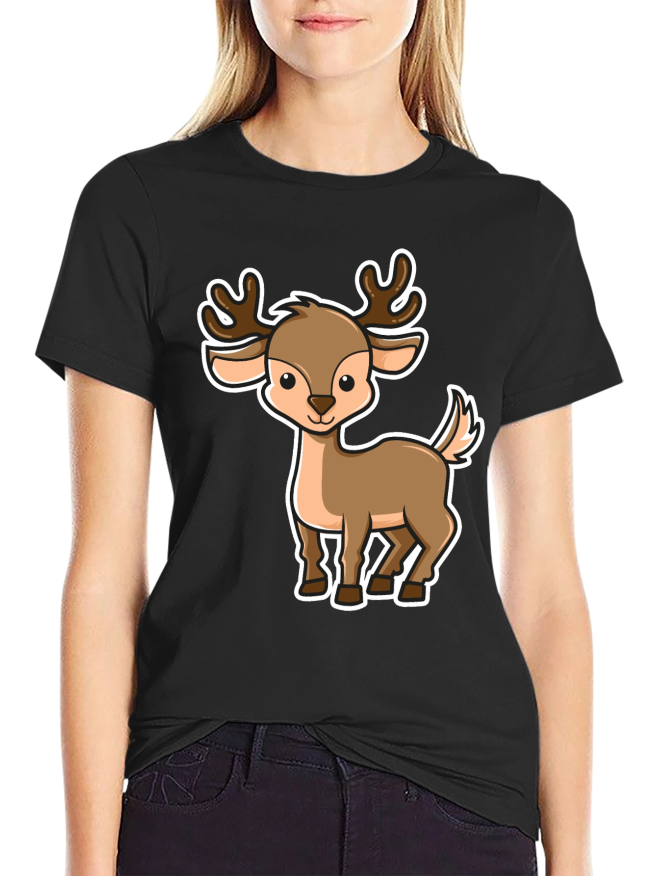 Cute Cartoon Deer Black T-Shirt