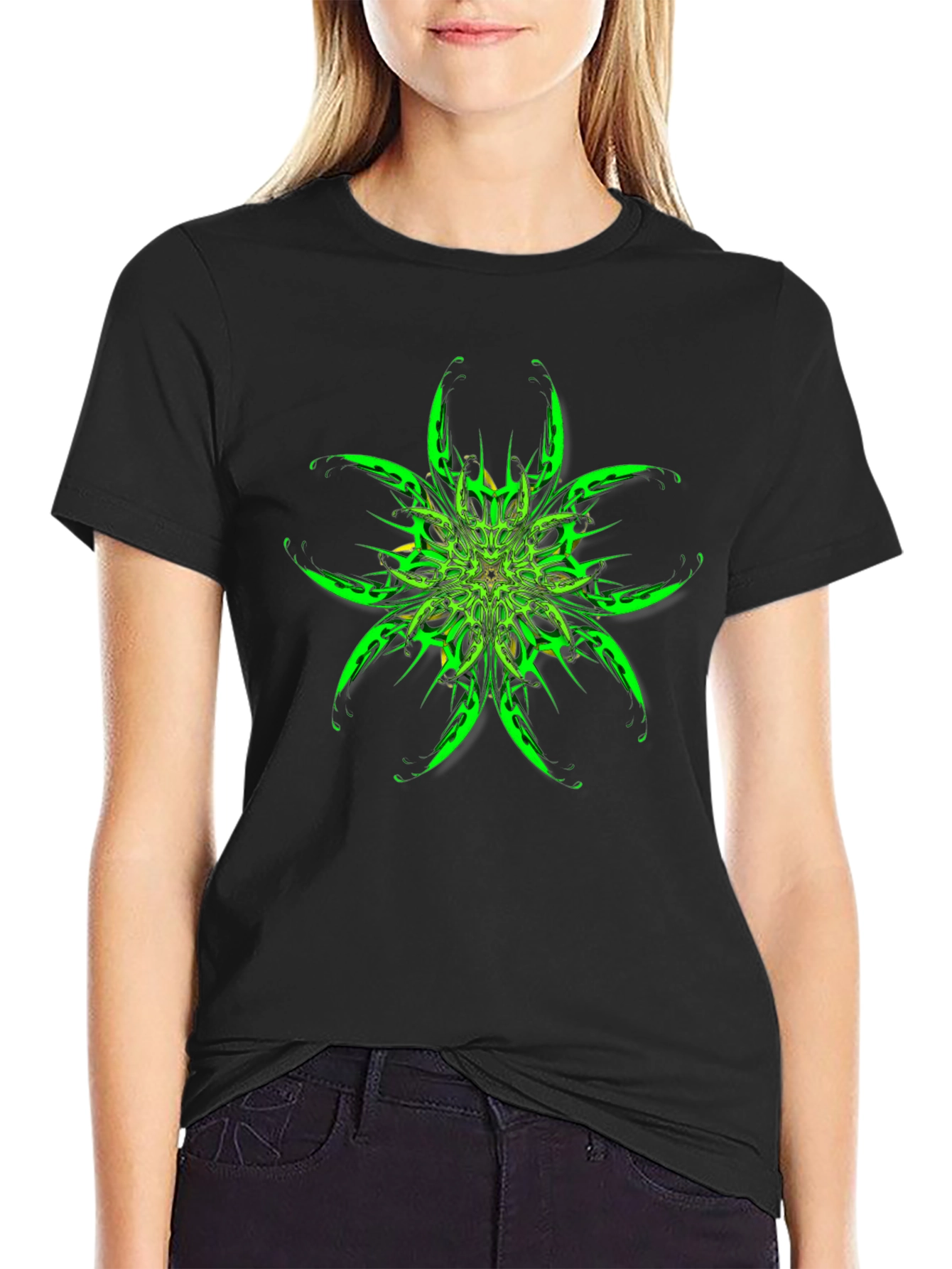 Abstract Green Floral Graphic Black T-Shirt