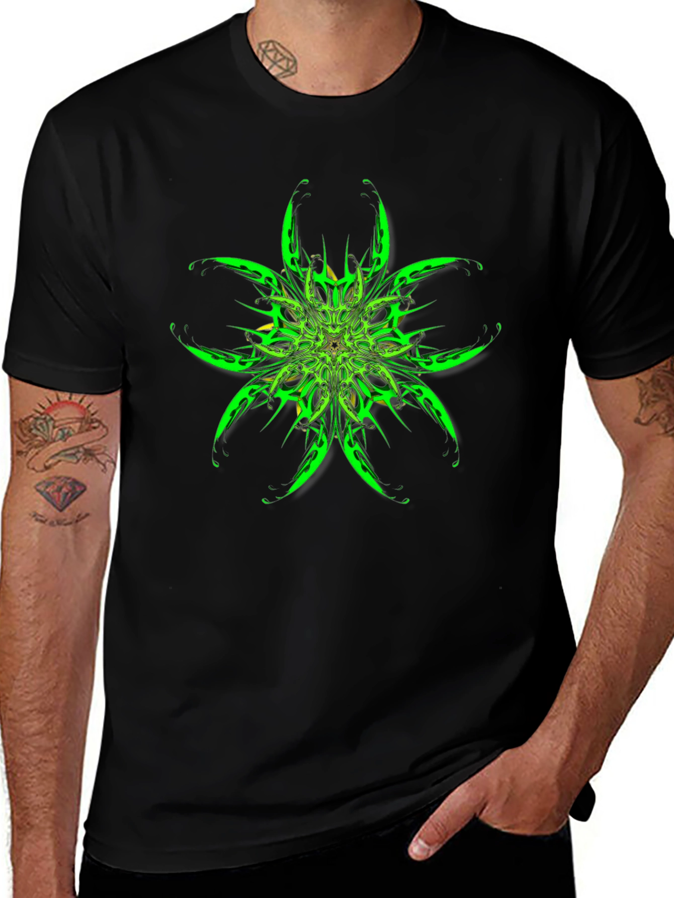 Abstract Green Floral Graphic Black T-Shirt