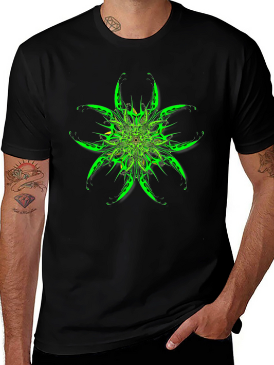 Abstract Green Floral Graphic Black T-Shirt