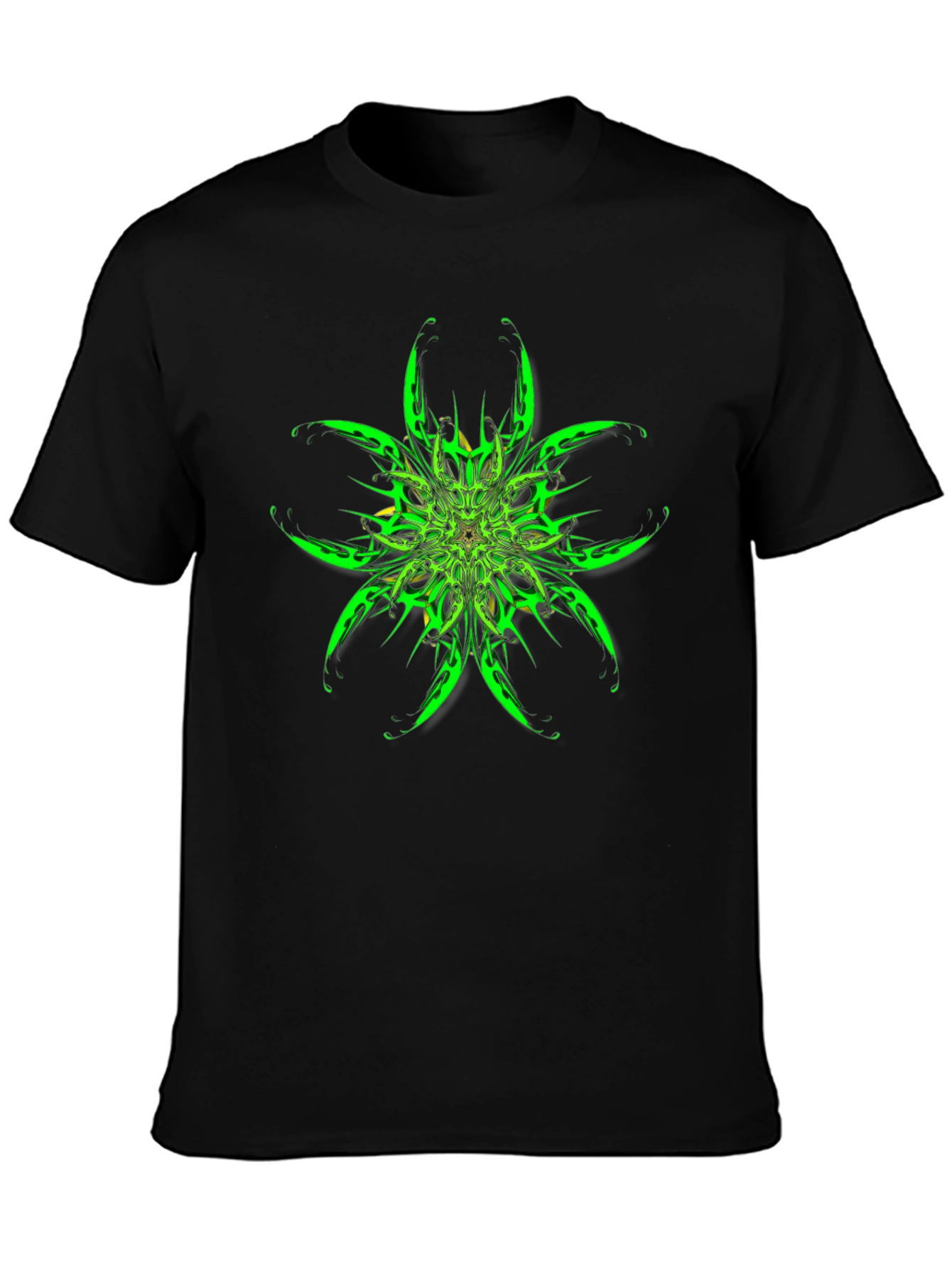 Abstract Green Floral Graphic Black T-Shirt