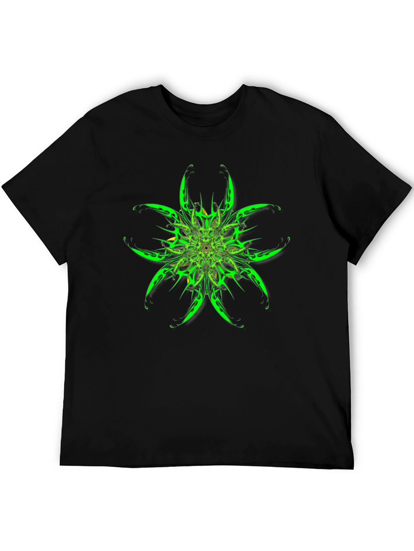 Abstract Green Floral Graphic Black T-Shirt