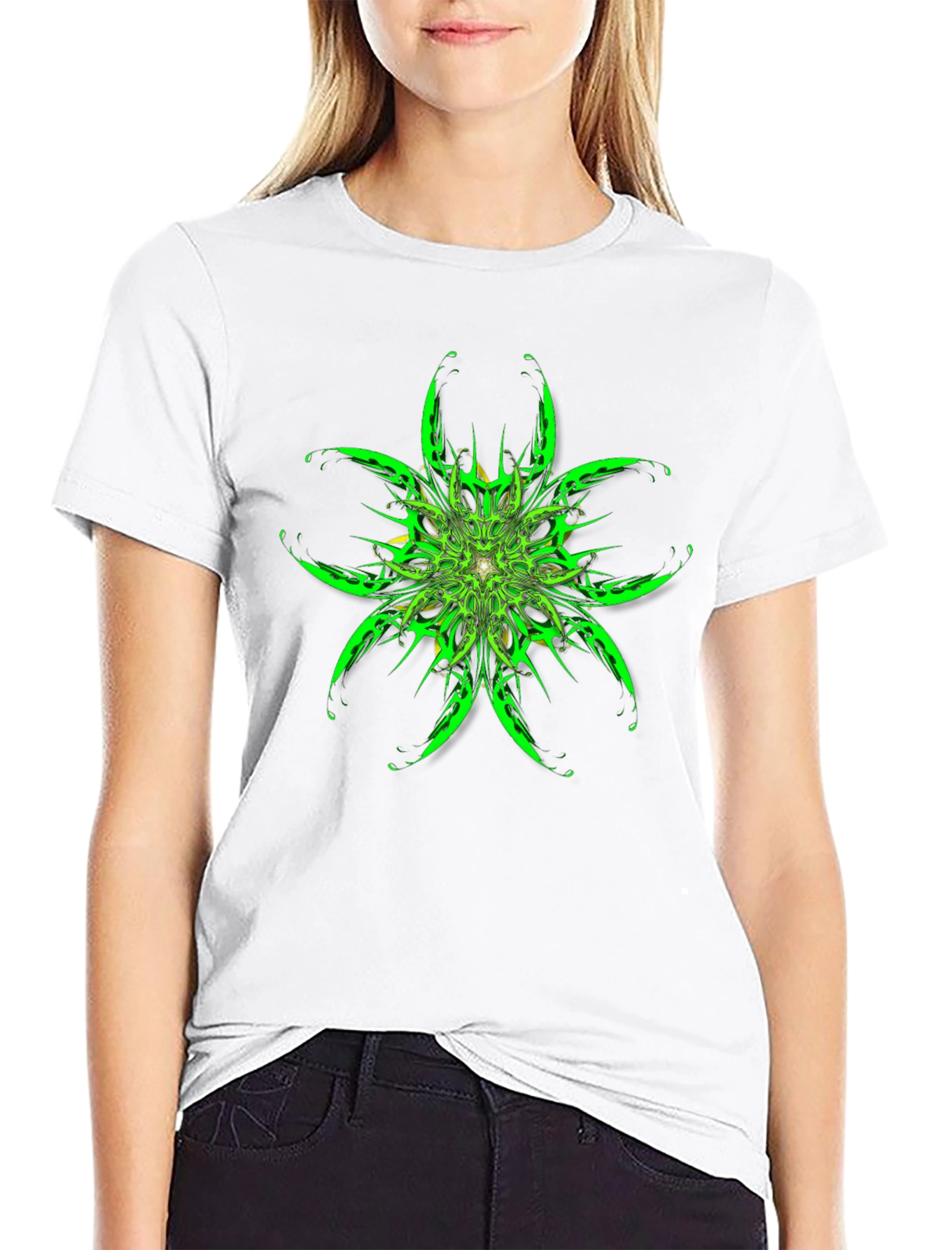 Abstract Green Floral Graphic Black T-Shirt