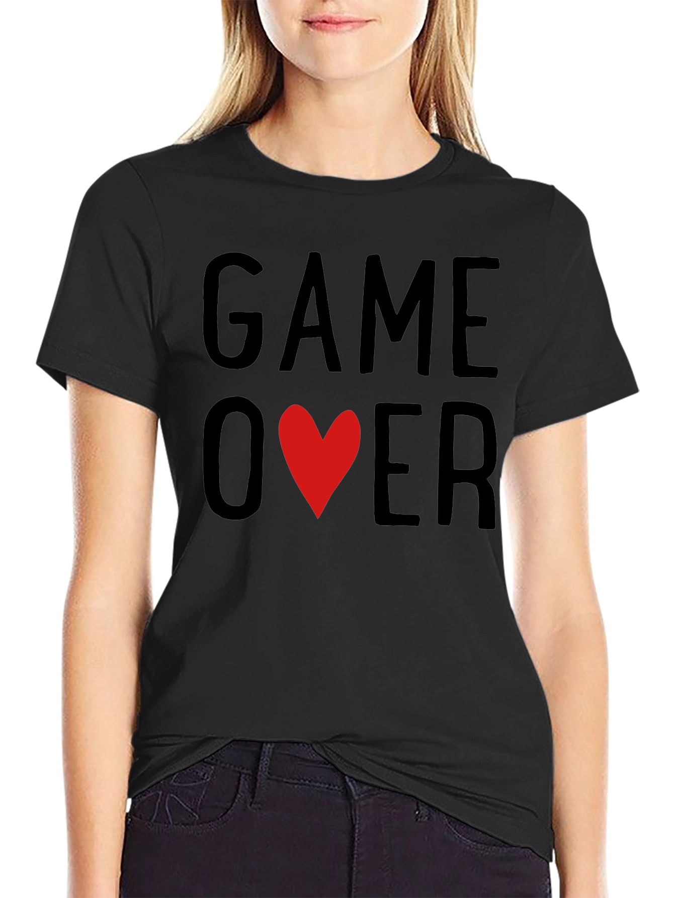 Game Over Heart Graphic T-Shirt - Black Casual Tee