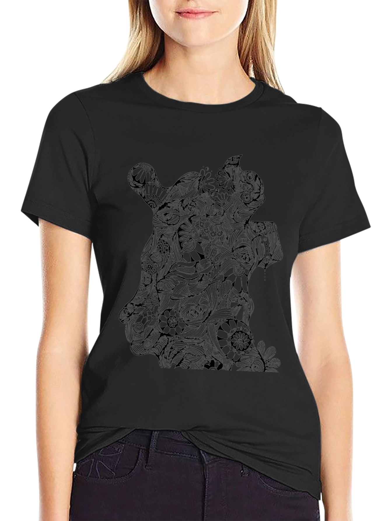 Abstract Floral Giraffe Graphic Black T-Shirt