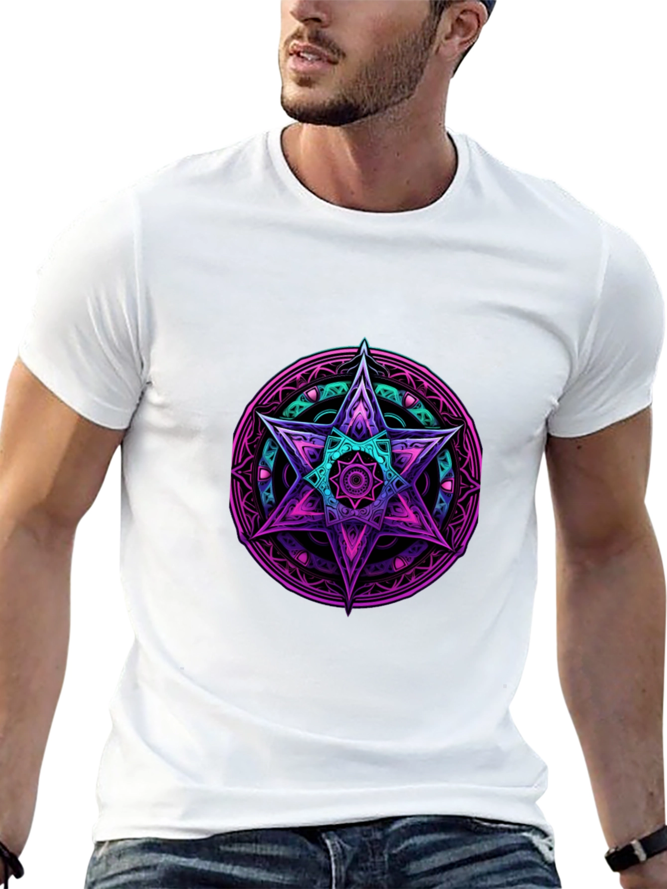 Geometric Star Graphic Tee - Black Cotton Blend