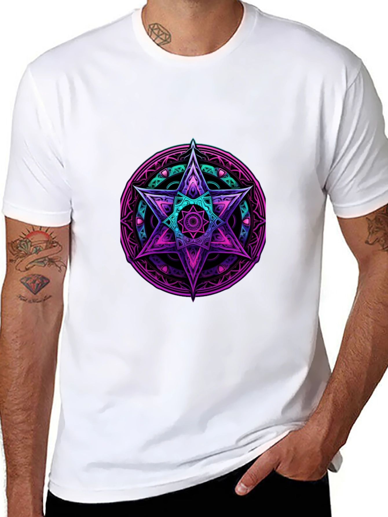 Geometric Star Graphic Tee - Black Cotton Blend