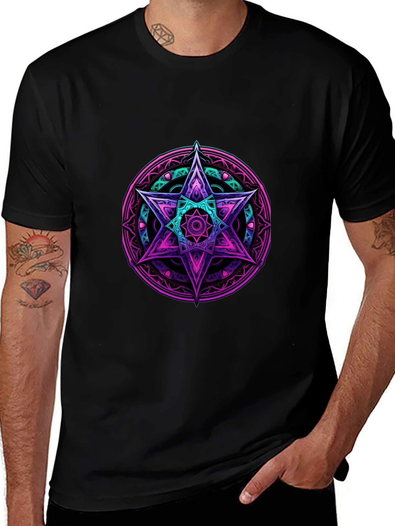 Geometric Star Graphic Tee - Black Cotton Blend