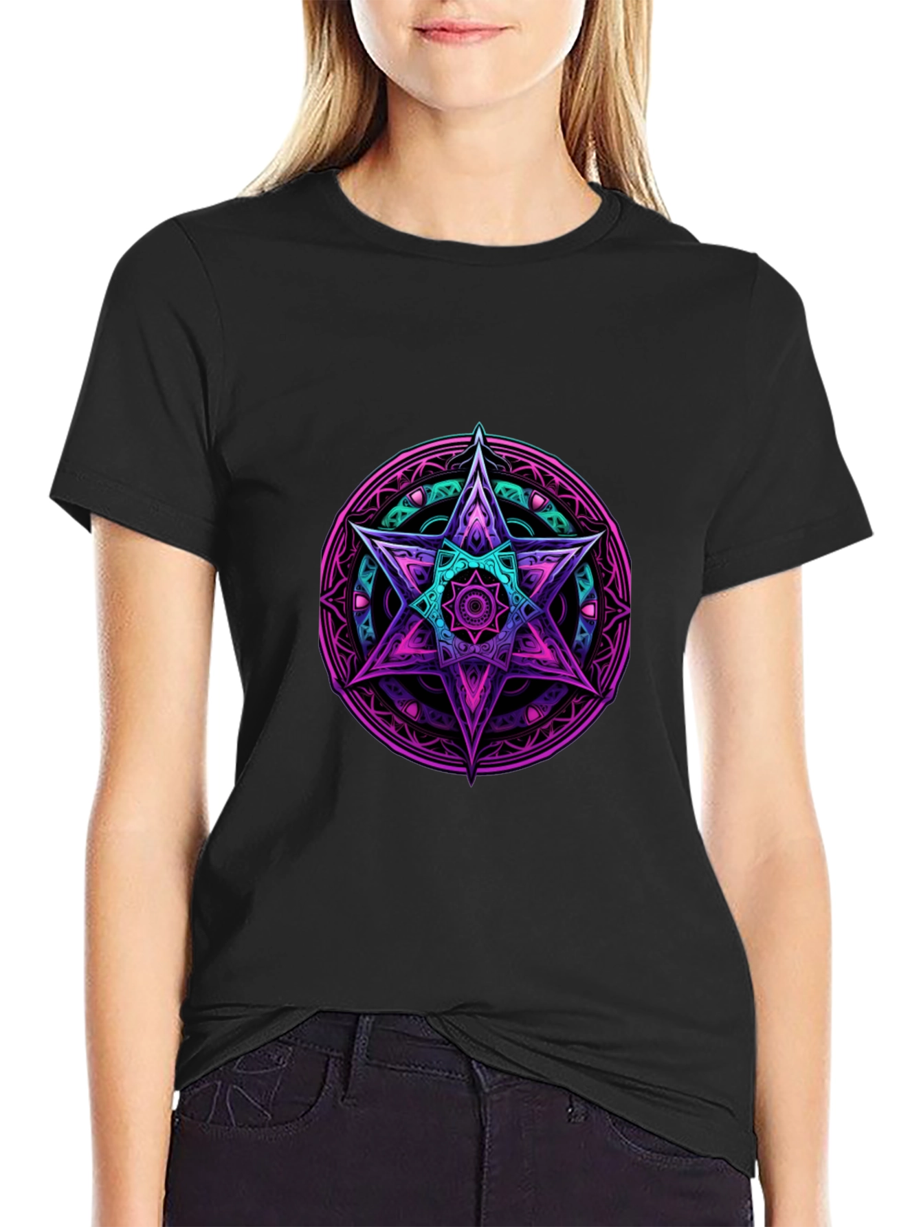 Geometric Star Graphic Tee - Black Cotton Blend