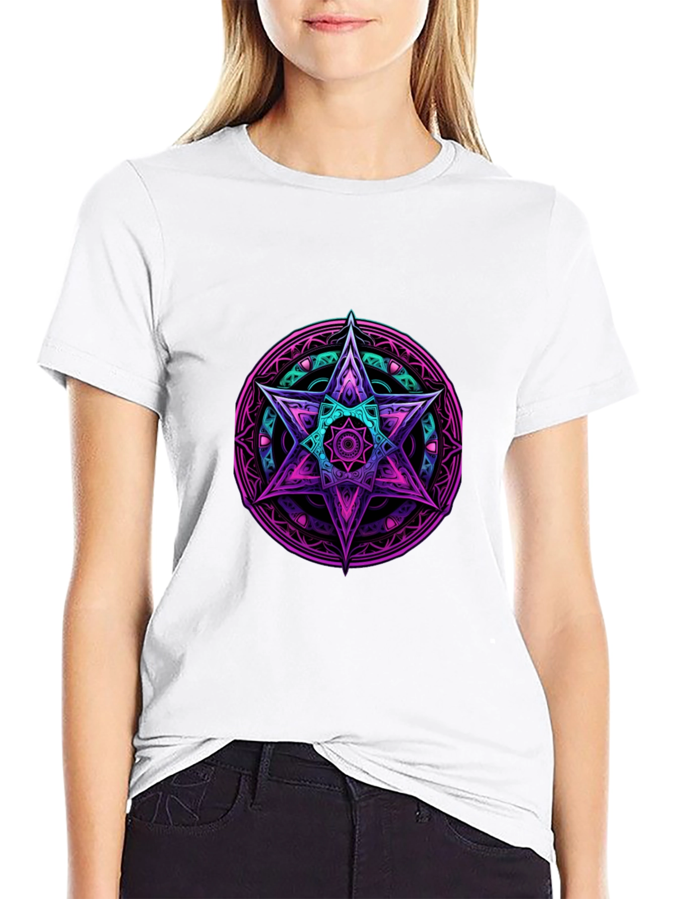 Geometric Star Graphic Tee - Black Cotton Blend