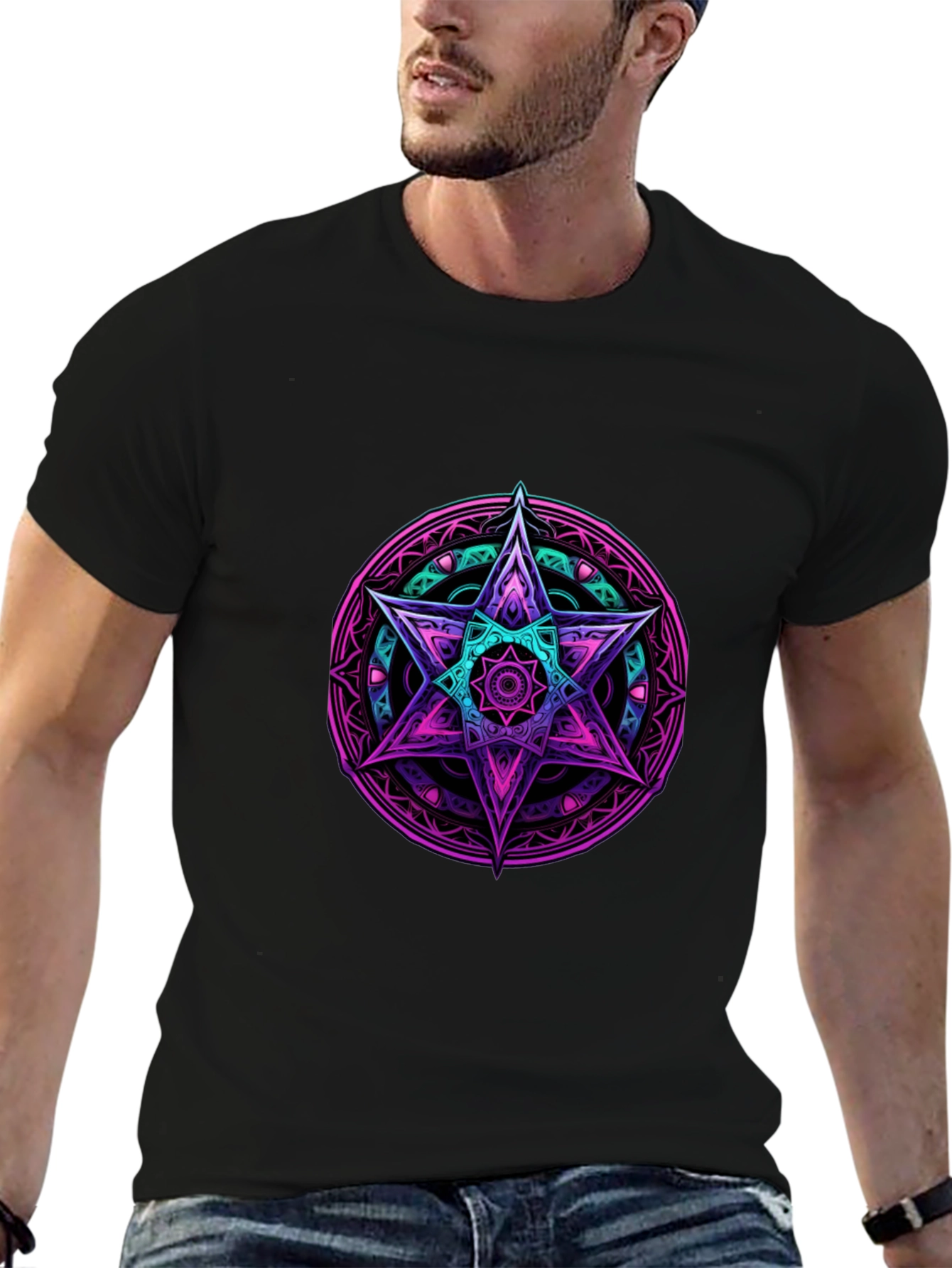 Geometric Star Graphic Tee - Black Cotton Blend