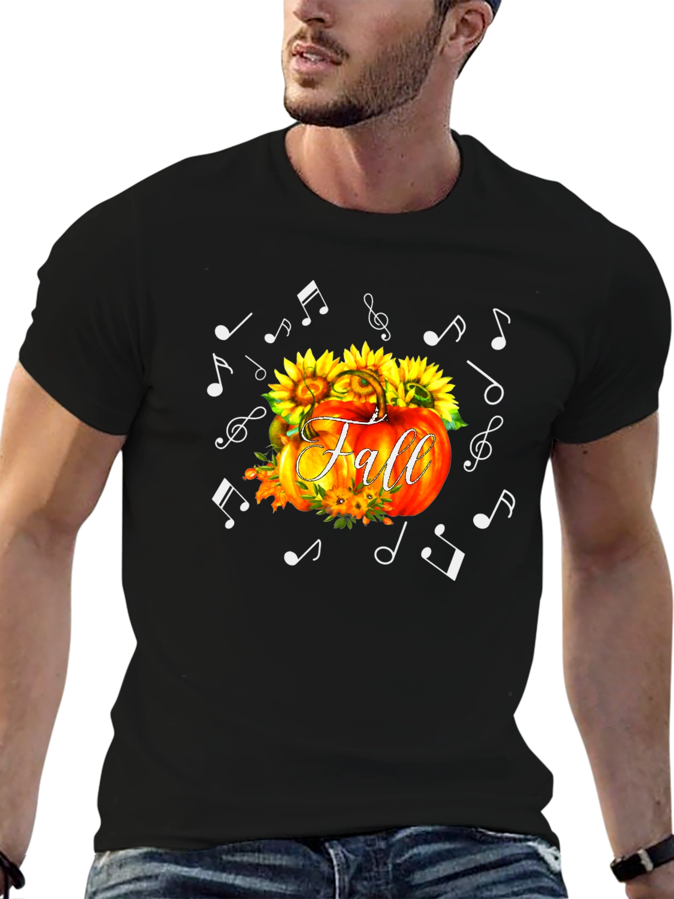 Fall Pumpkin Music Notes Black T-Shirt