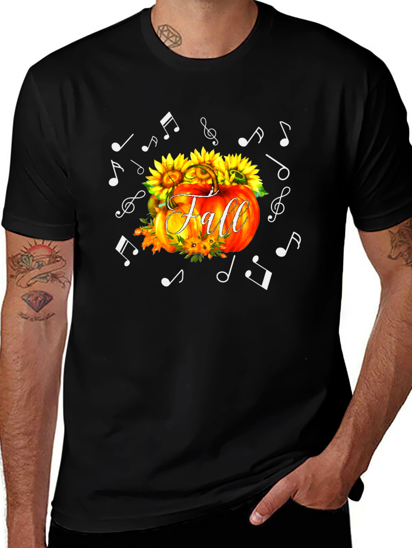 Fall Pumpkin Music Notes Black T-Shirt