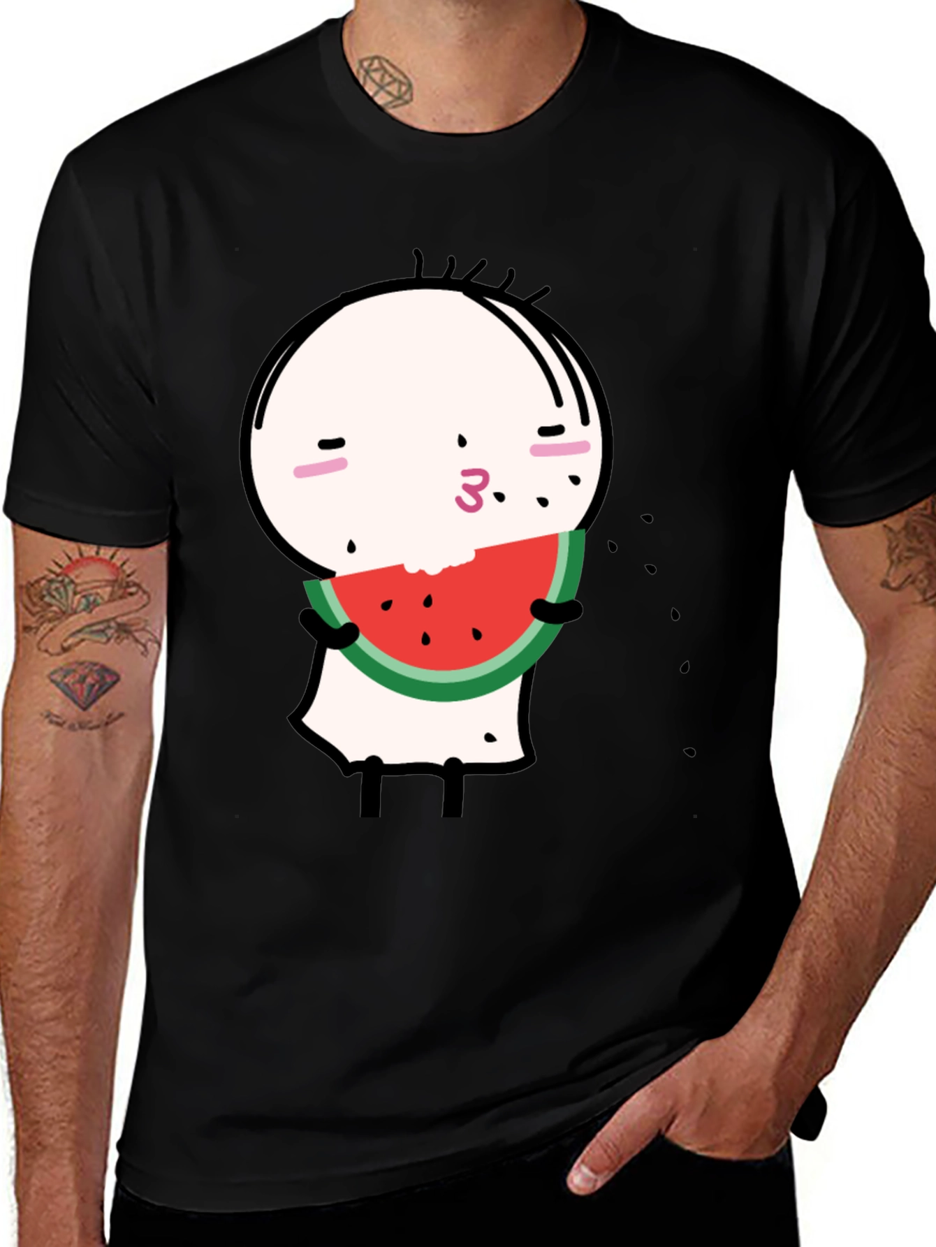 Funny Watermelon Cartoon Graphic Black Tee