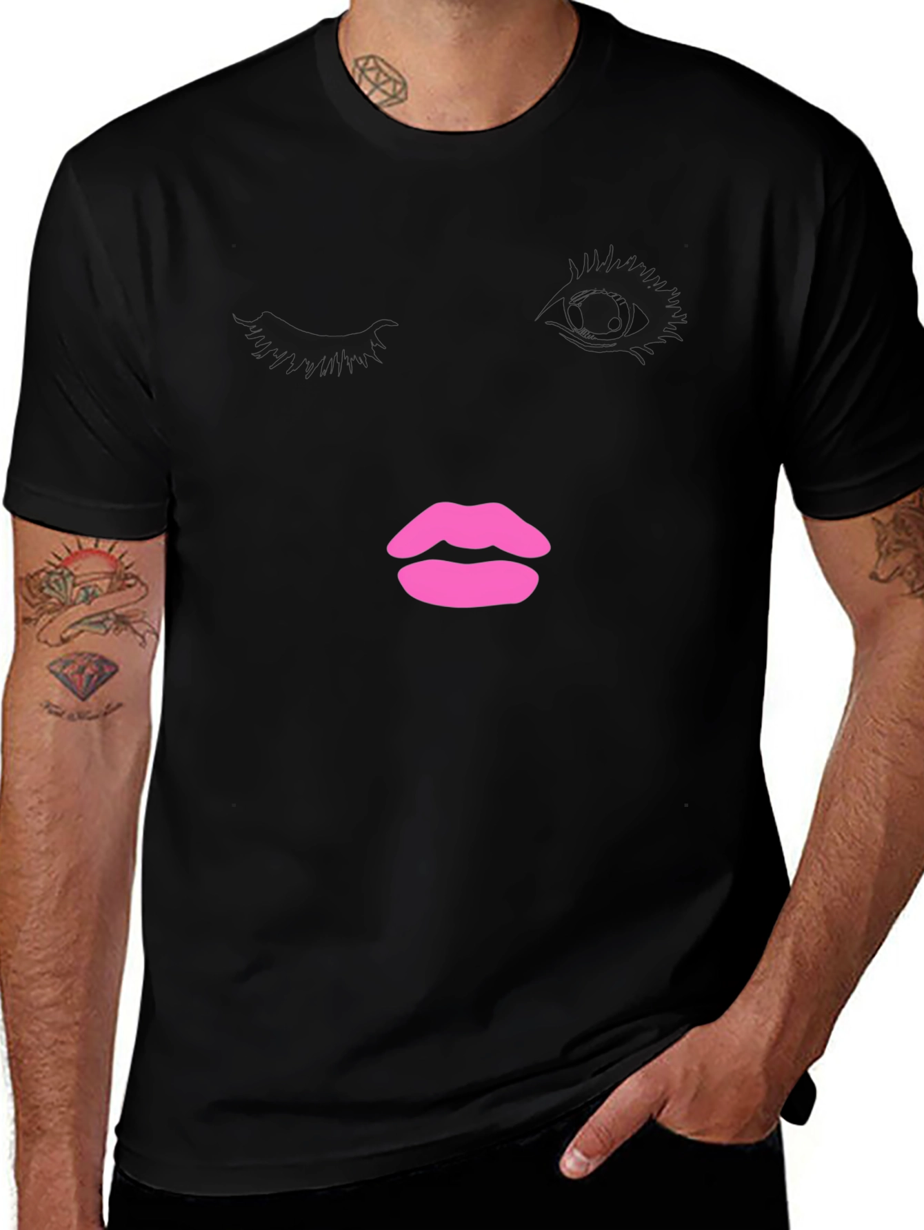 Abstract Face Graphic Tee - Trendy Black T-Shirt