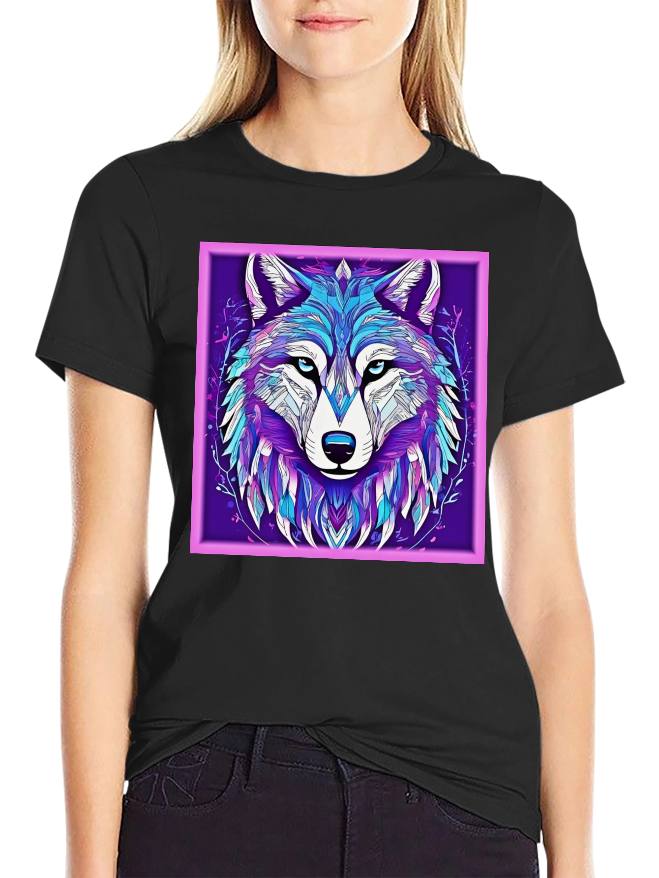 Abstract Wolf Graphic Print Black T-Shirt