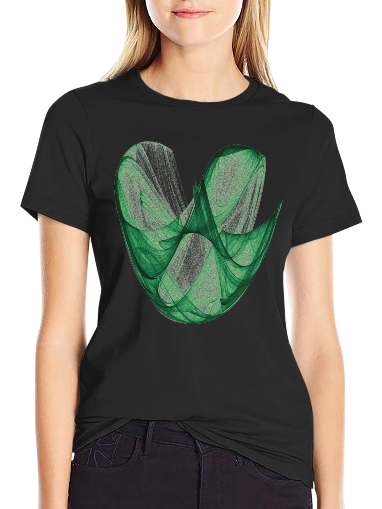 Abstract Green Fractal Design on Black T-Shirt