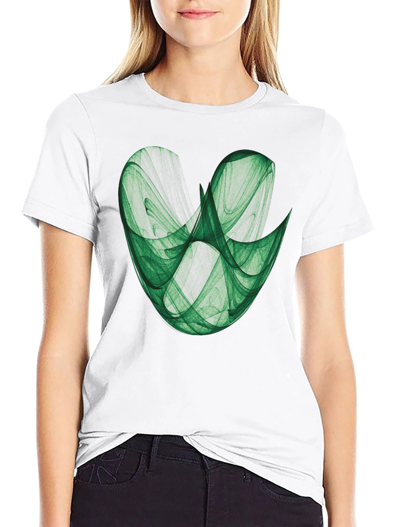 Abstract Green Fractal Design on Black T-Shirt
