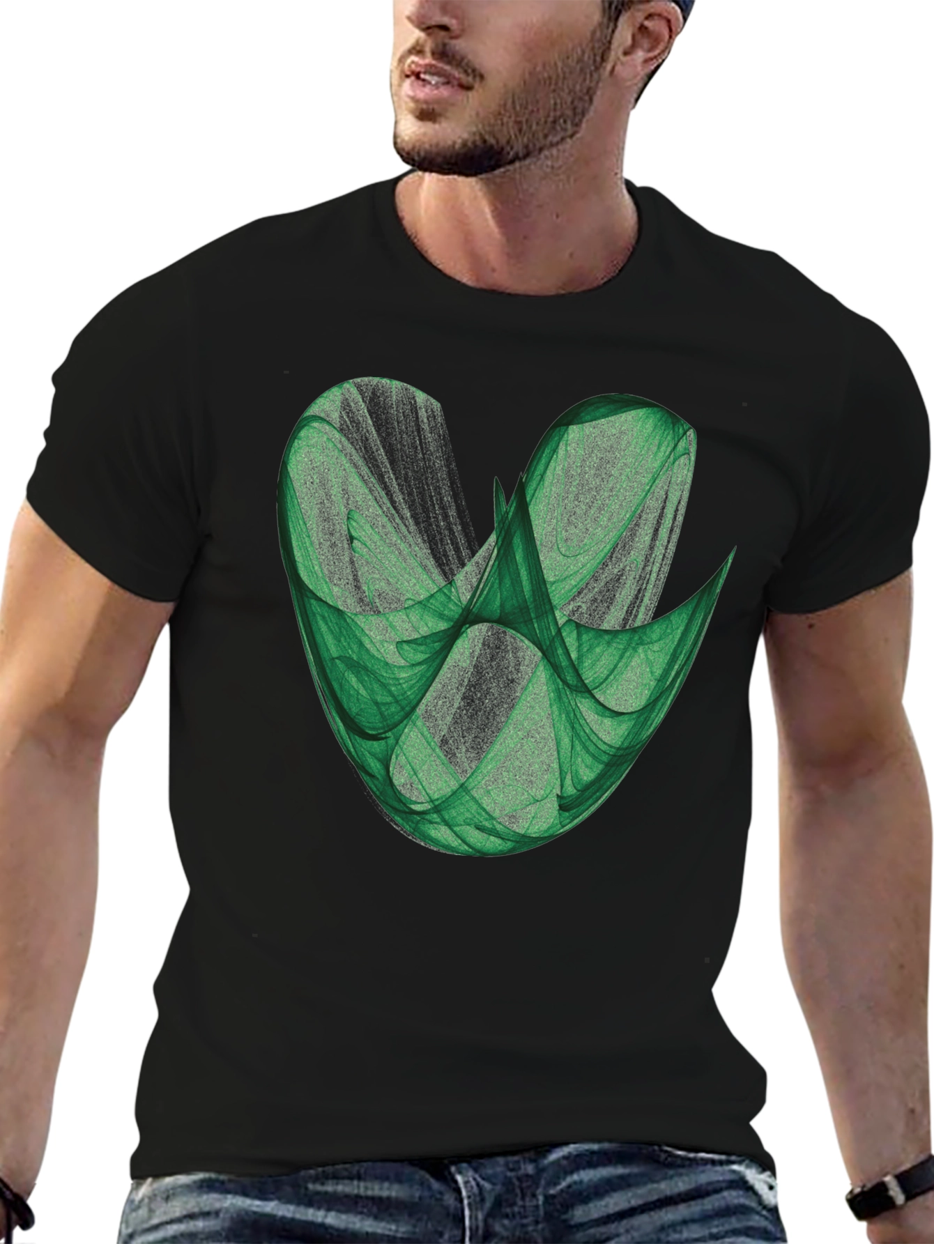 Abstract Green Fractal Design on Black T-Shirt