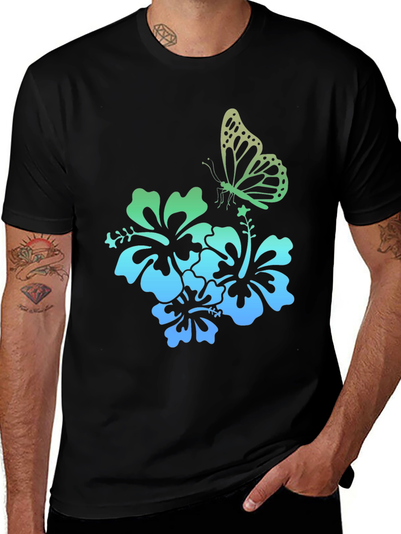 Butterfly & Hibiscus Graphic Tee - Tropical Style