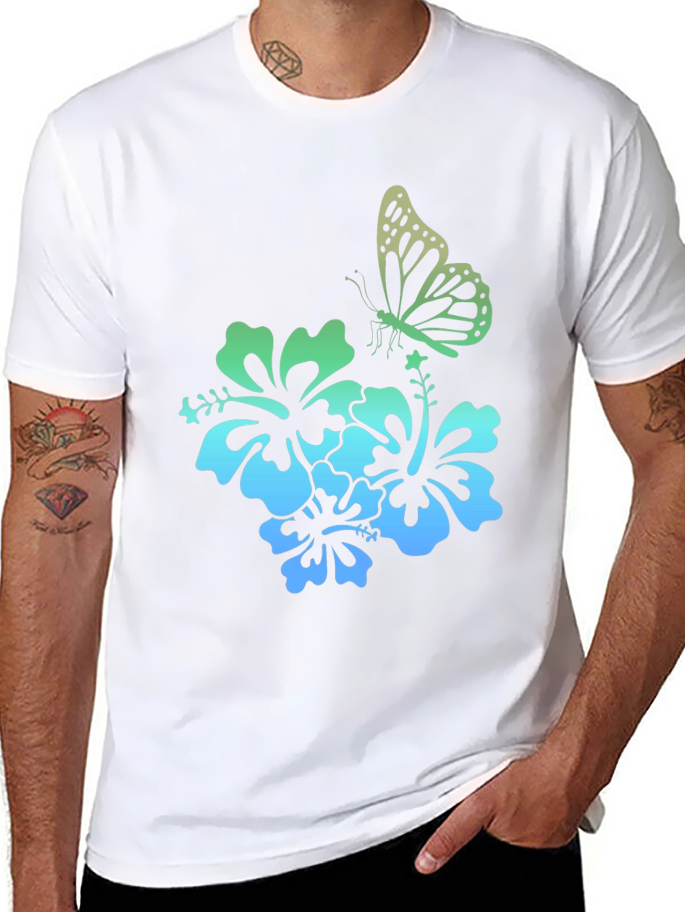 Butterfly & Hibiscus Graphic Tee - Tropical Style