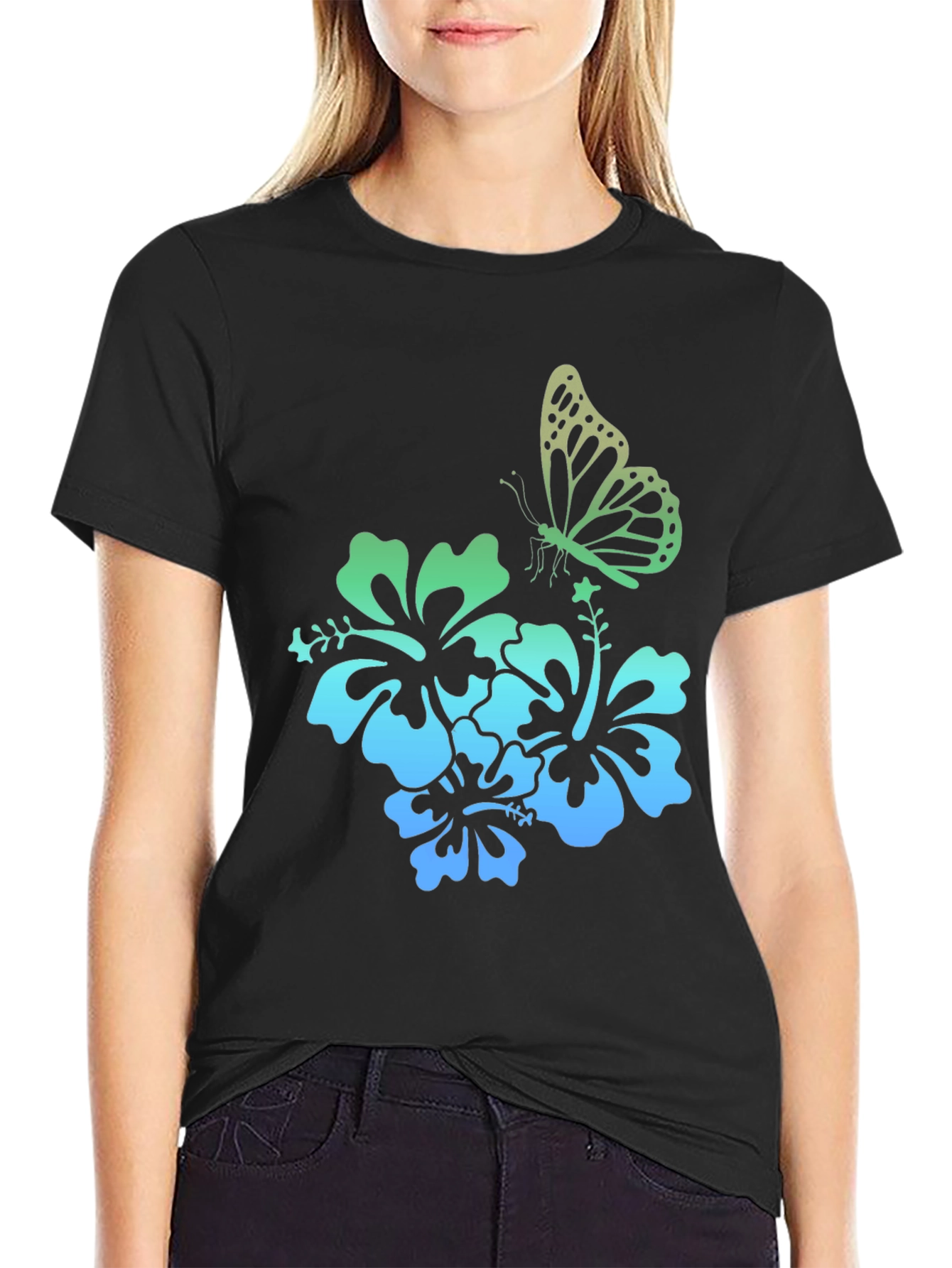 Butterfly & Hibiscus Graphic Tee - Tropical Style