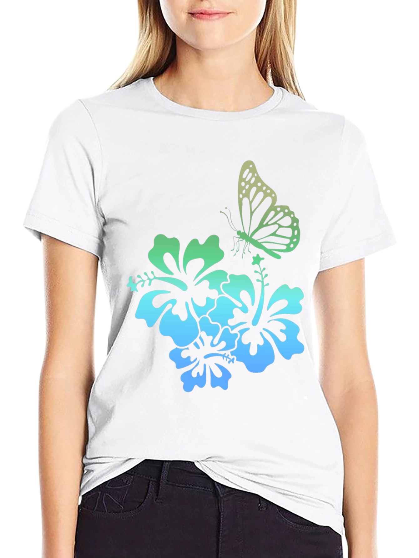 Butterfly & Hibiscus Graphic Tee - Tropical Style