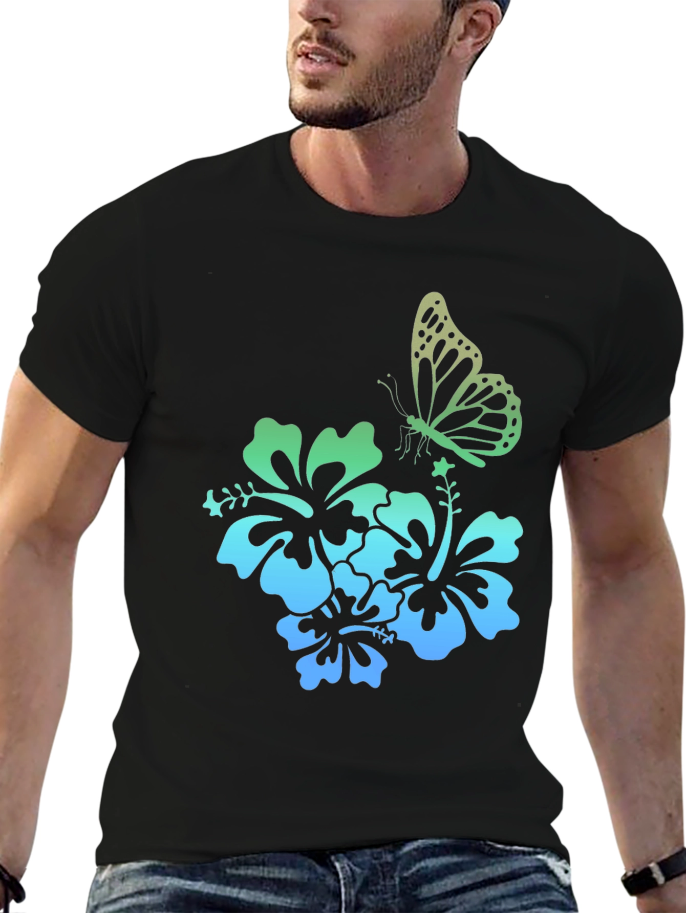 Butterfly & Hibiscus Graphic Tee - Tropical Style