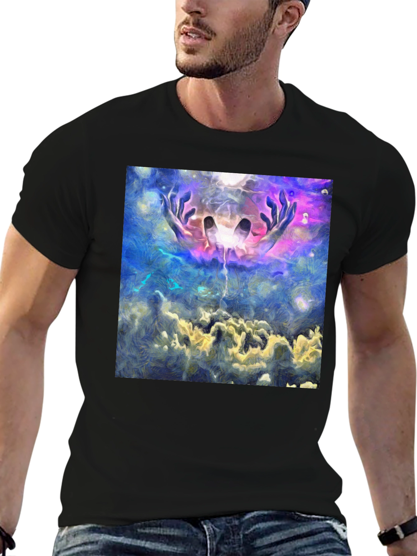 Abstract Hands in Sky Graphic Black T-Shirt
