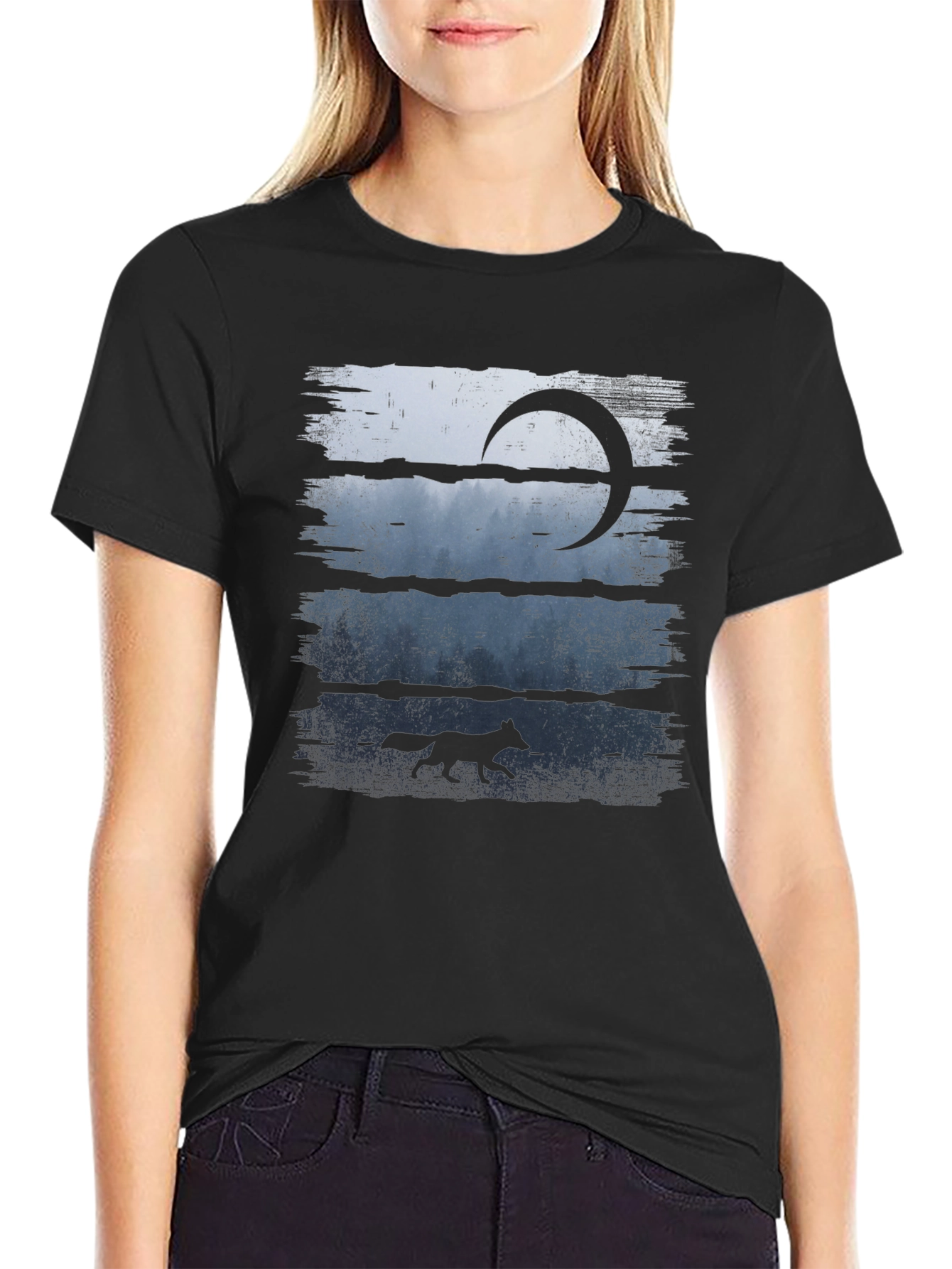 Mens Black Wolf & Moon Graphic Tee