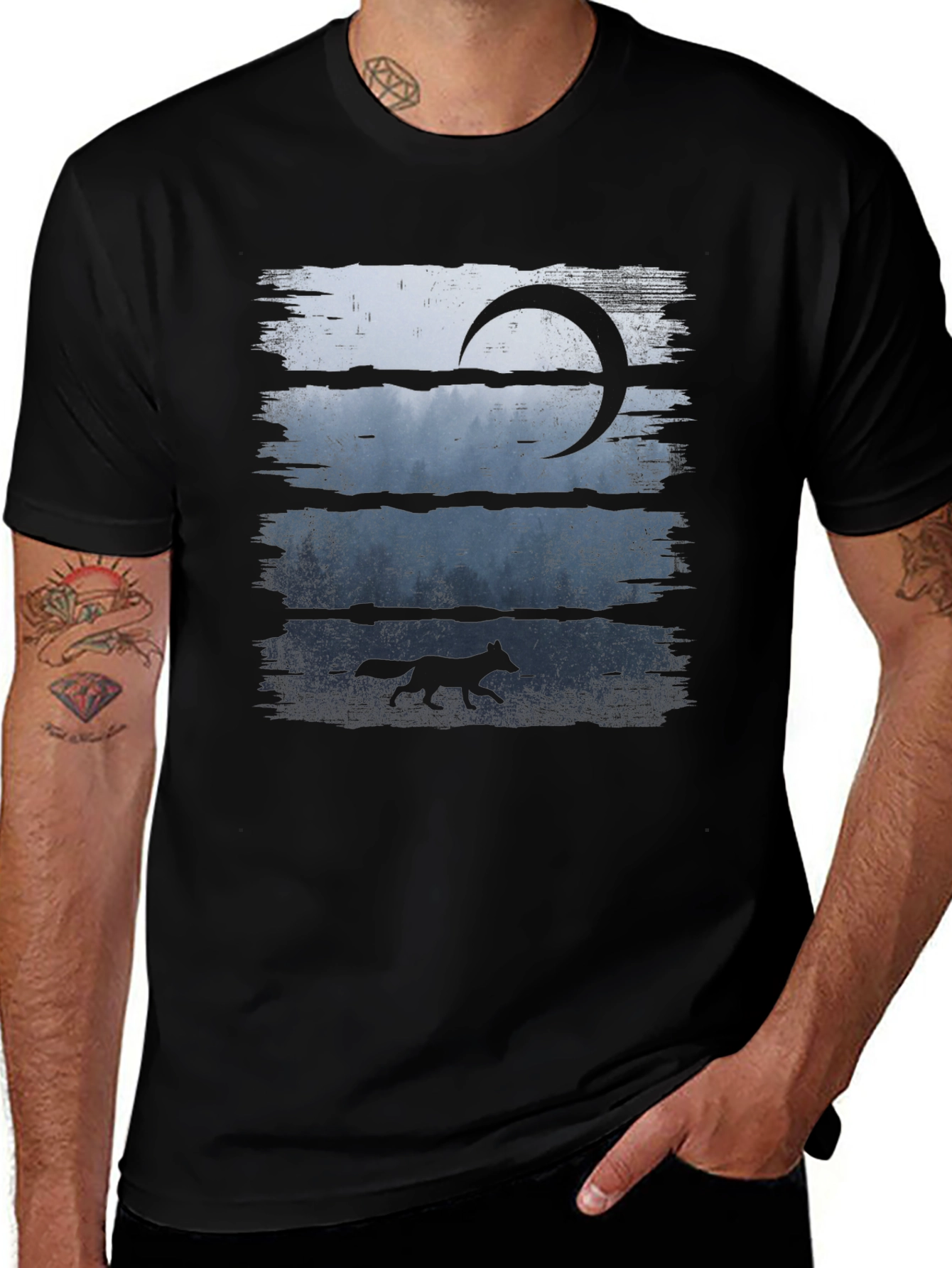 Mens Black Wolf & Moon Graphic Tee