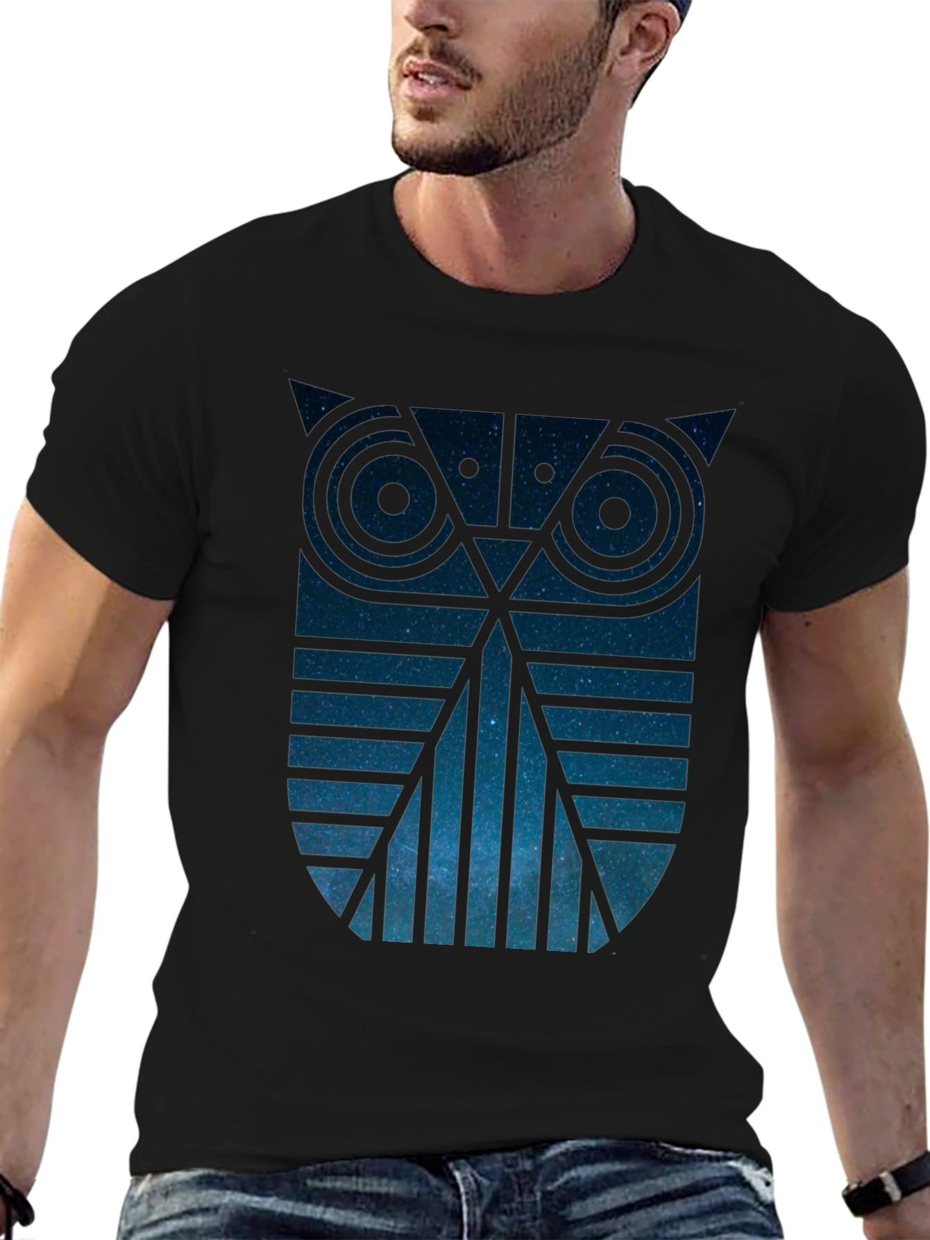 Geometric Owl Galaxy Graphic Tee - Mens Black T-Shirt