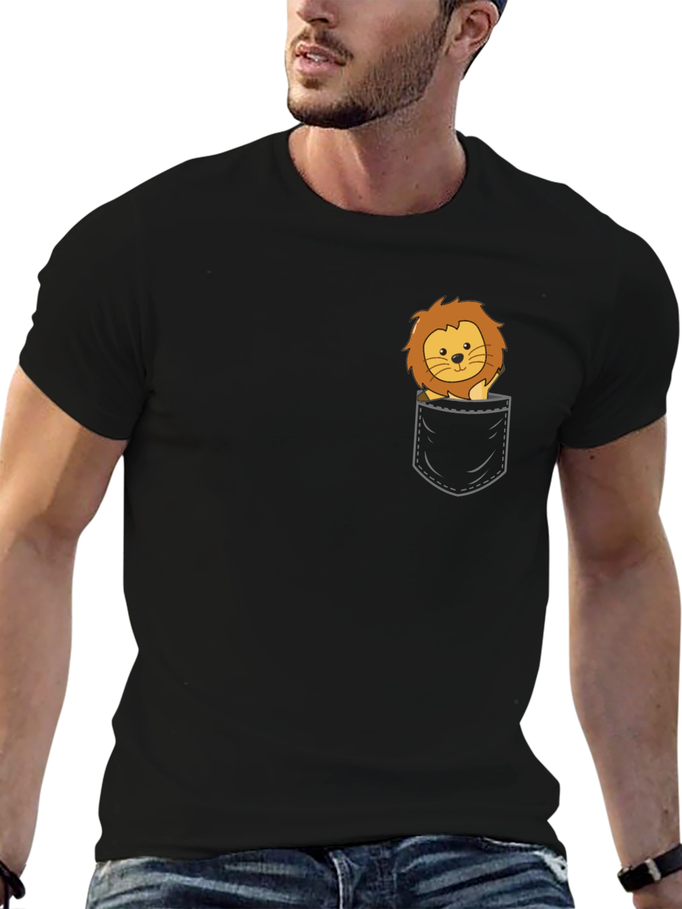 Cute Lion Pocket T-Shirt - Black