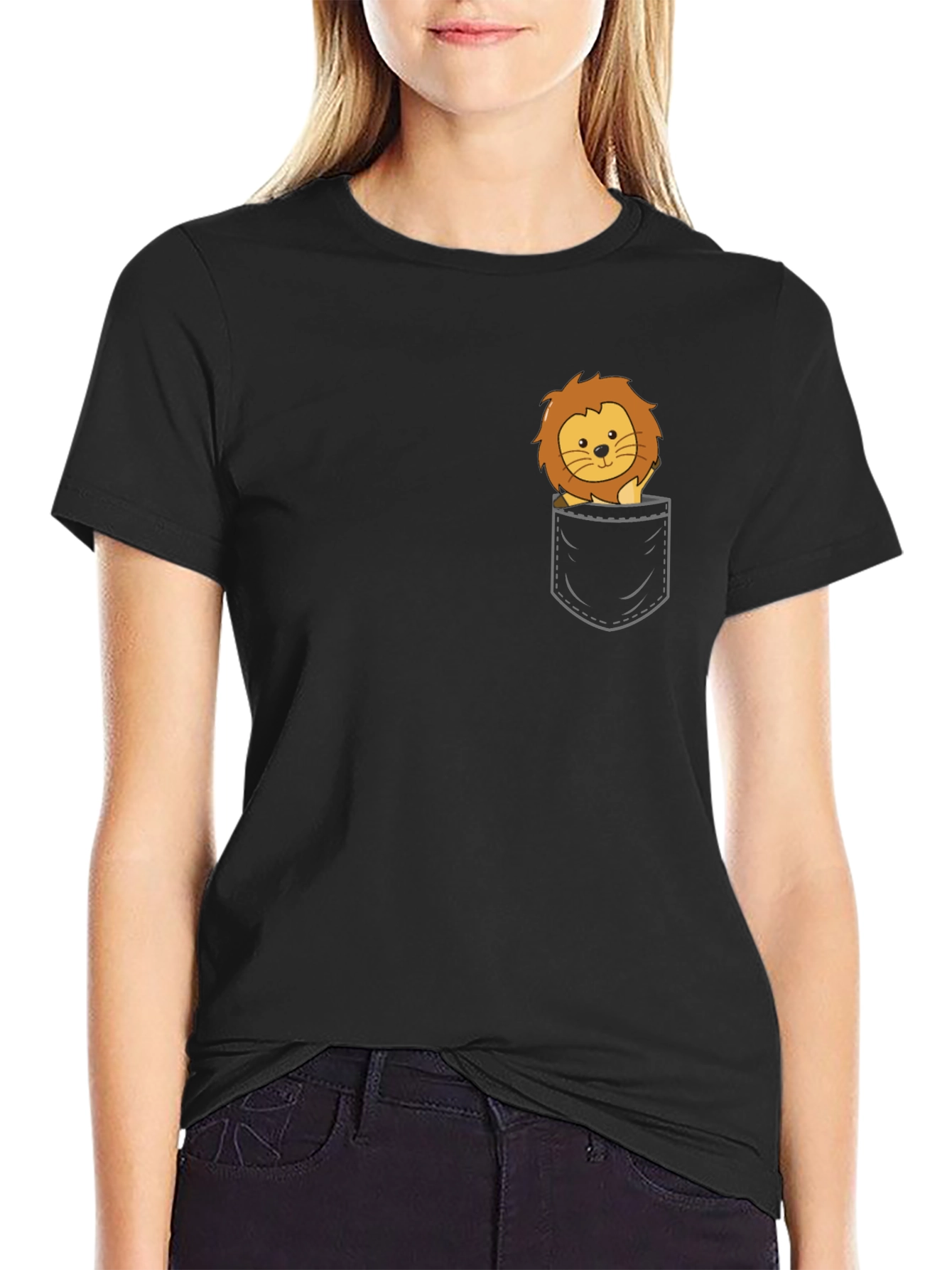 Cute Lion Pocket T-Shirt - Black