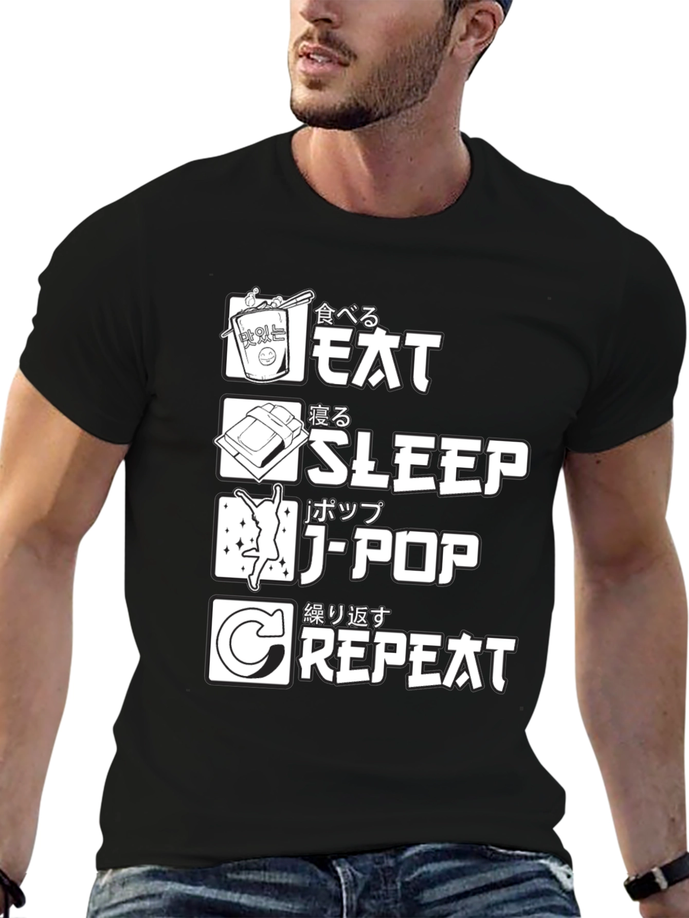 Eat Sleep J-Pop Repeat Black Graphic T-Shirt