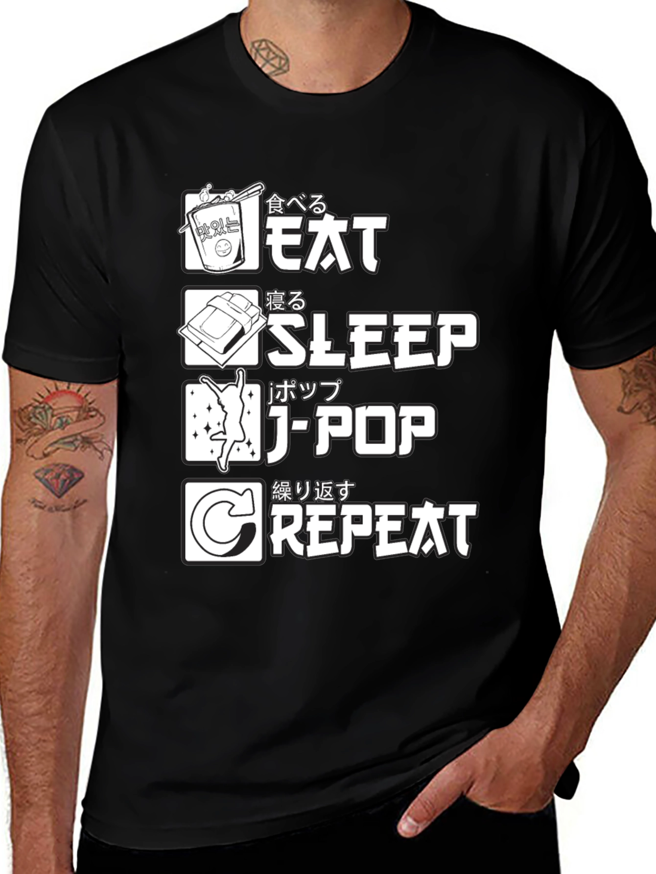 Eat Sleep J-Pop Repeat Black Graphic T-Shirt