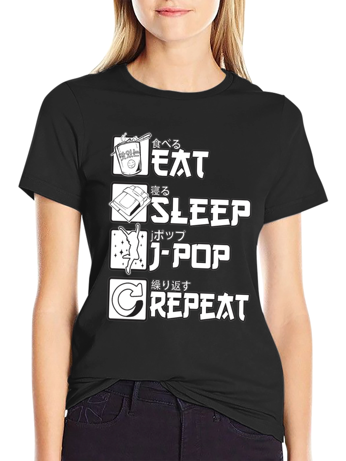 Eat Sleep J-Pop Repeat Black Graphic T-Shirt