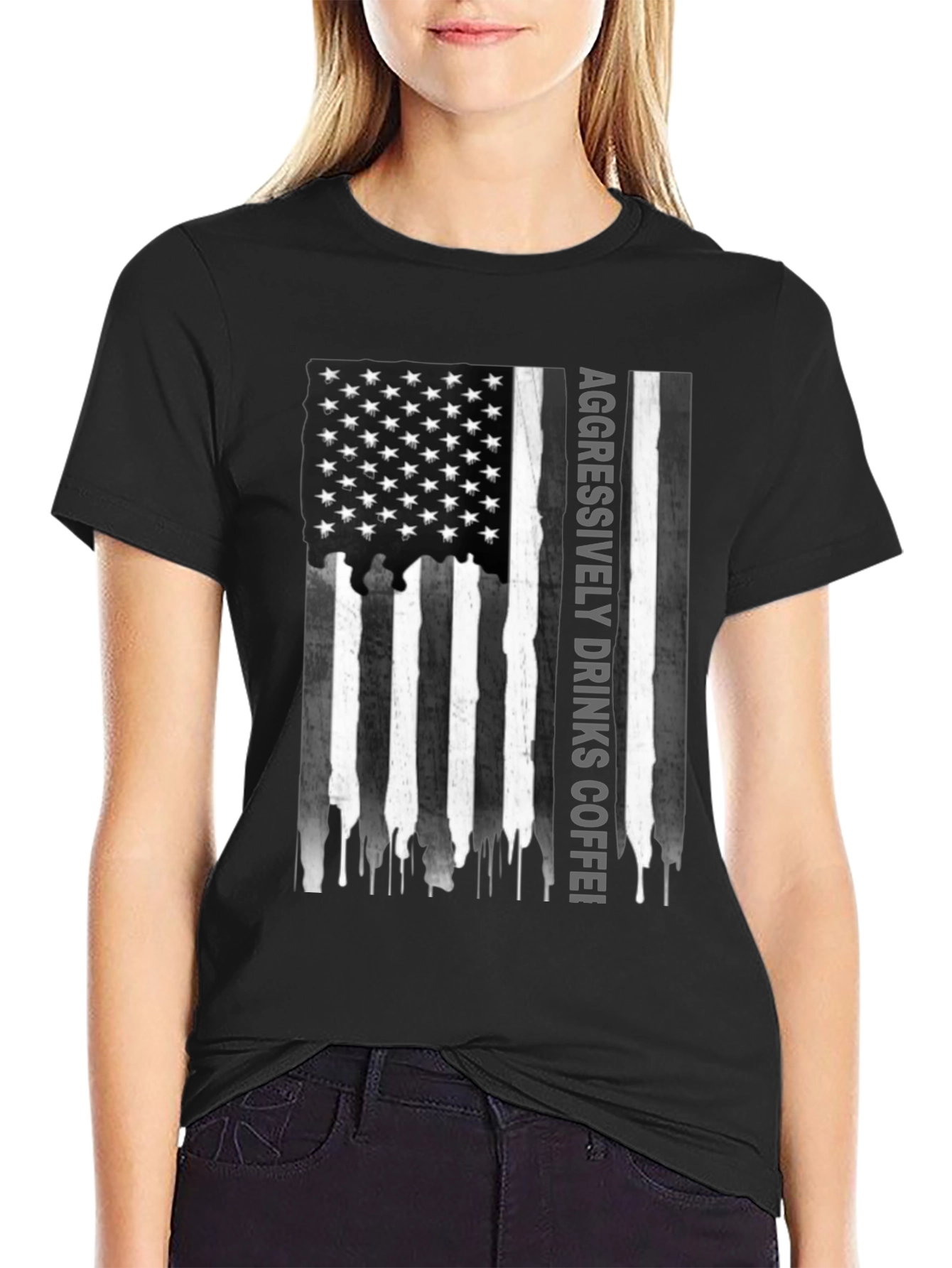 Aggressively Drinks Coffee Flag Graphic Tee