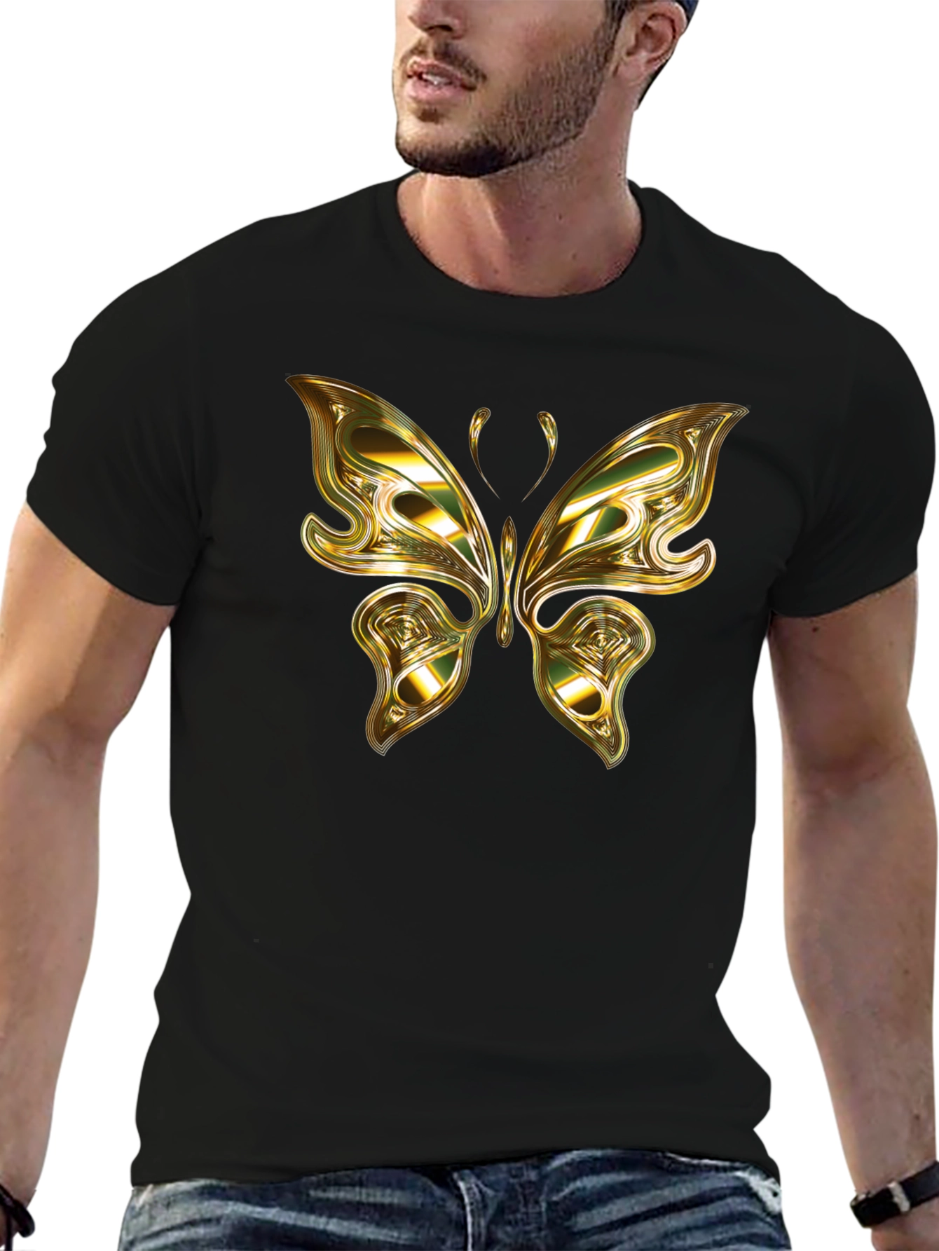 Gold Butterfly Graphic Black T-Shirt