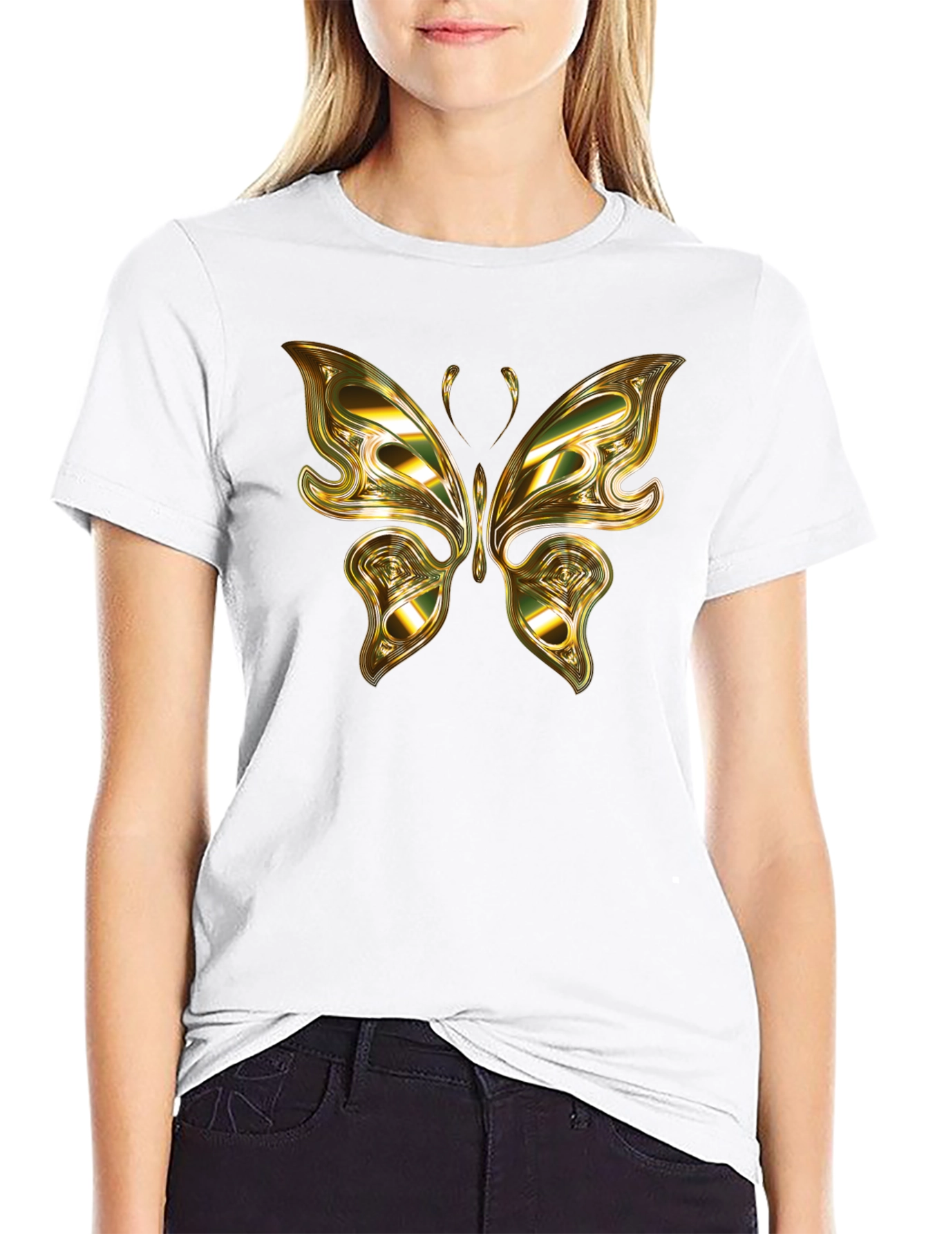 Gold Butterfly Graphic Black T-Shirt