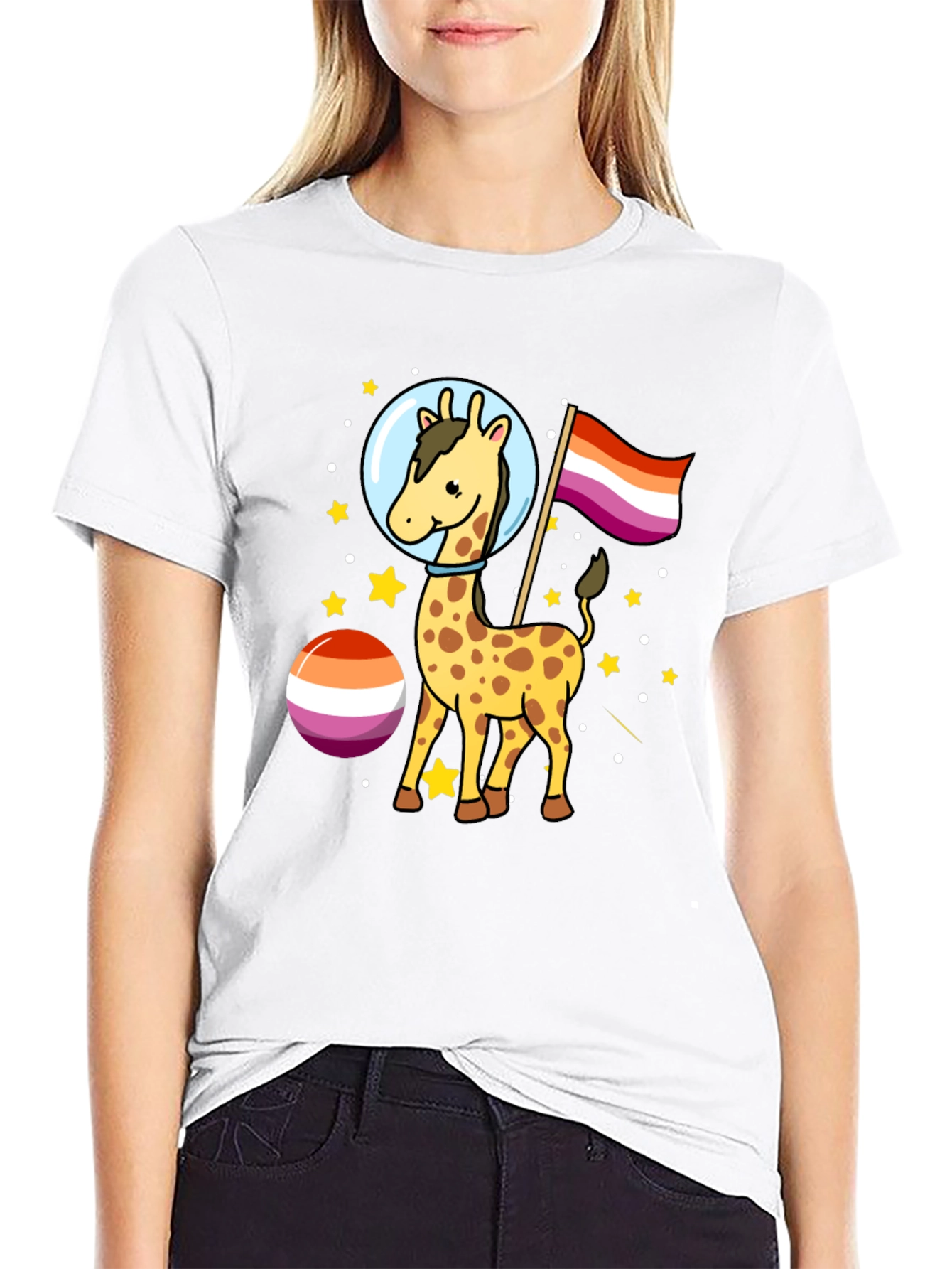 Giraffe in Space Lesbian Pride T-Shirt