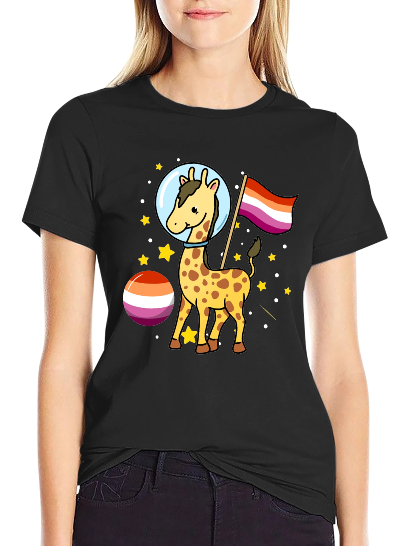 Giraffe in Space Lesbian Pride T-Shirt