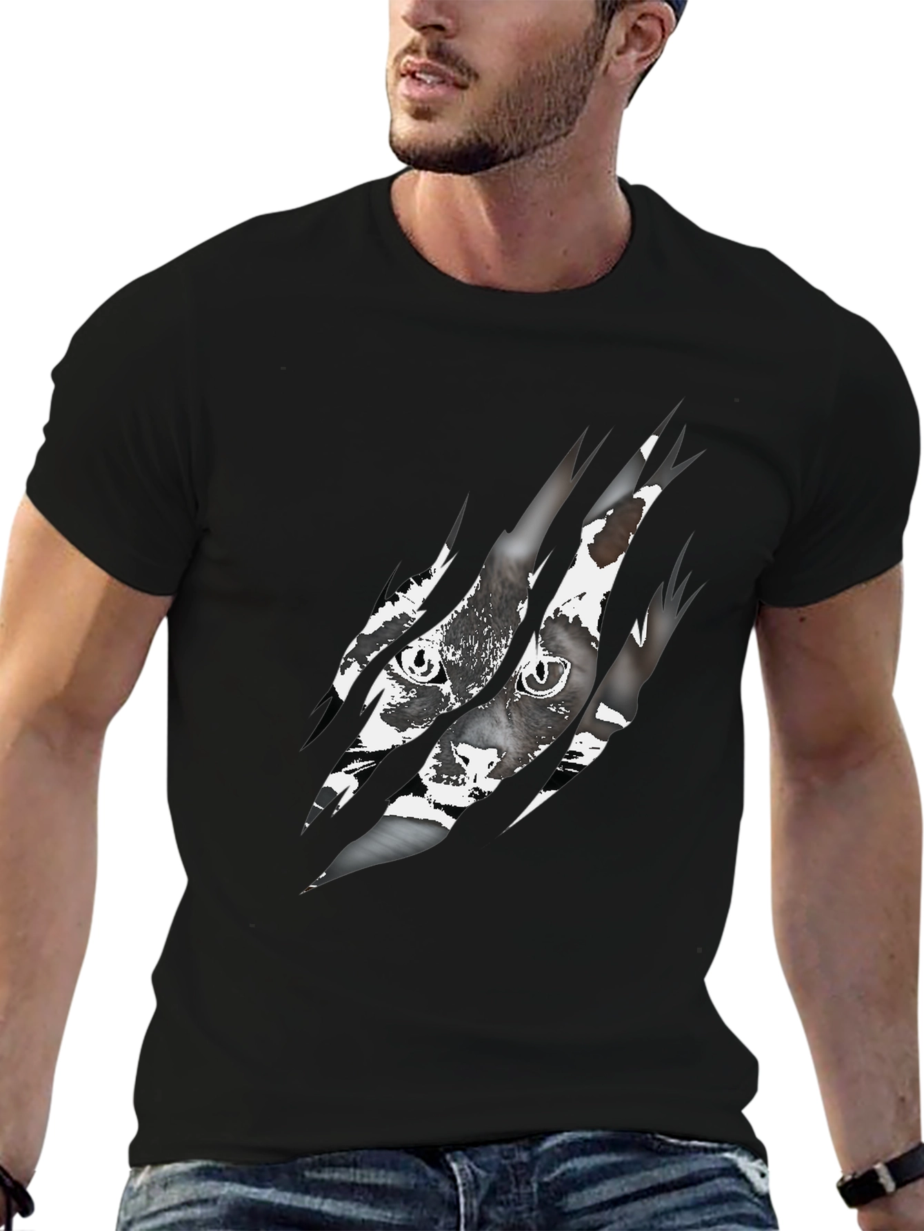 Ripped Cat Graphic Tee - Claw Marks Reveal Feline