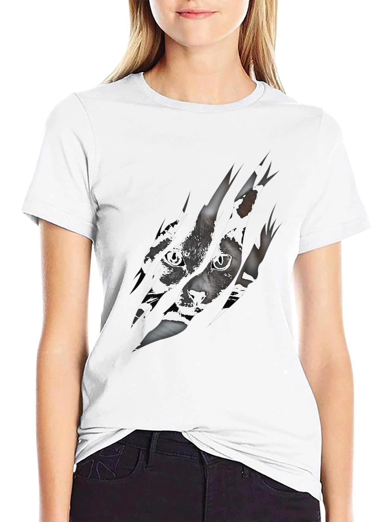 Ripped Cat Graphic Tee - Claw Marks Reveal Feline