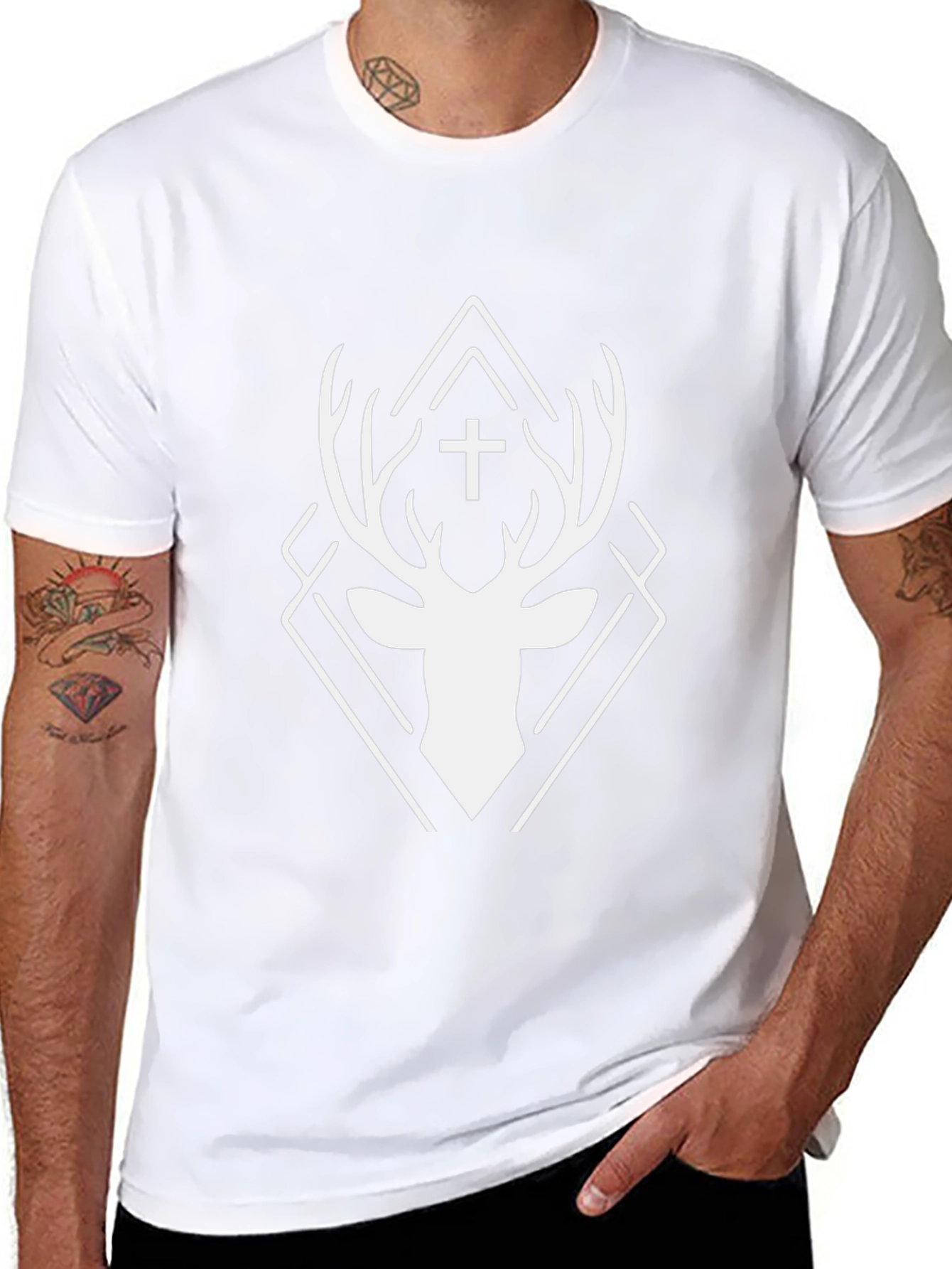 Geometric Deer Cross Graphic Black T-Shirt