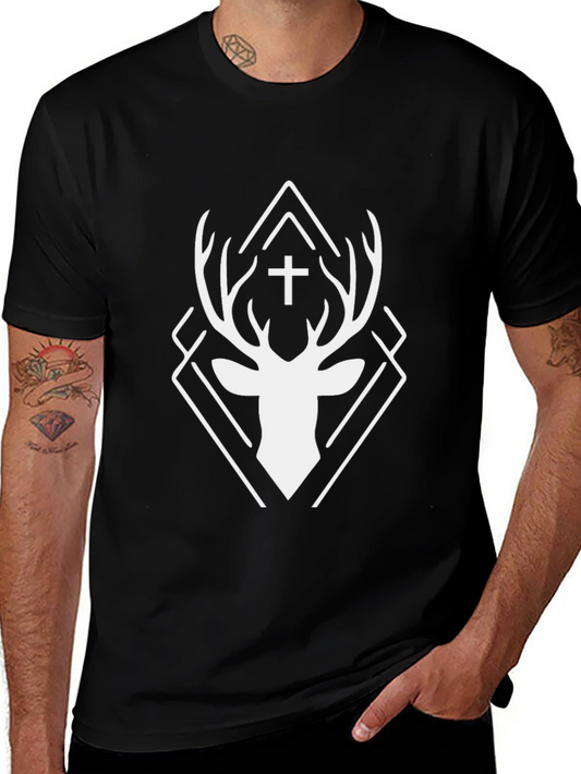 Geometric Deer Cross Graphic Black T-Shirt