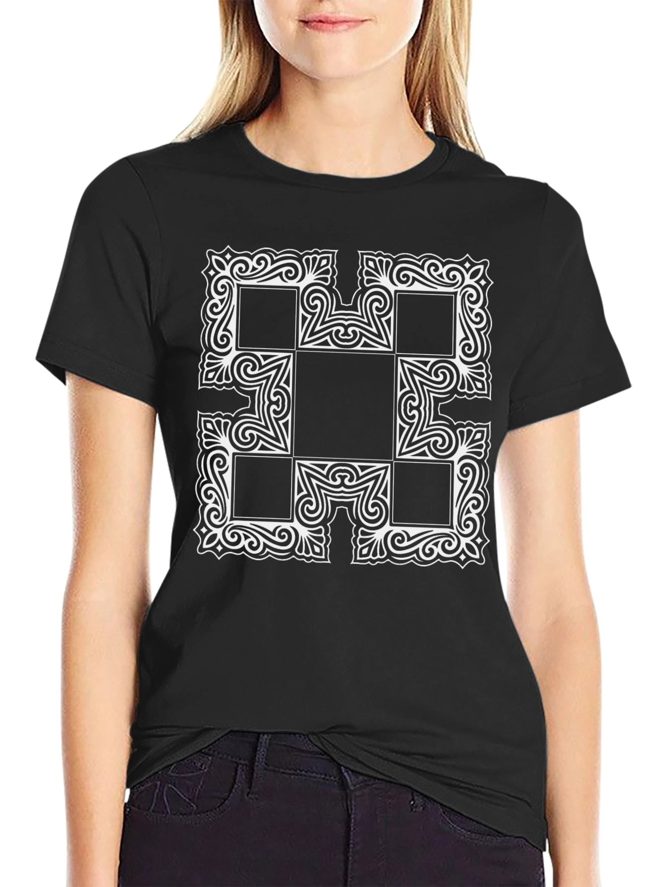 Abstract Square Pattern Black T-Shirt