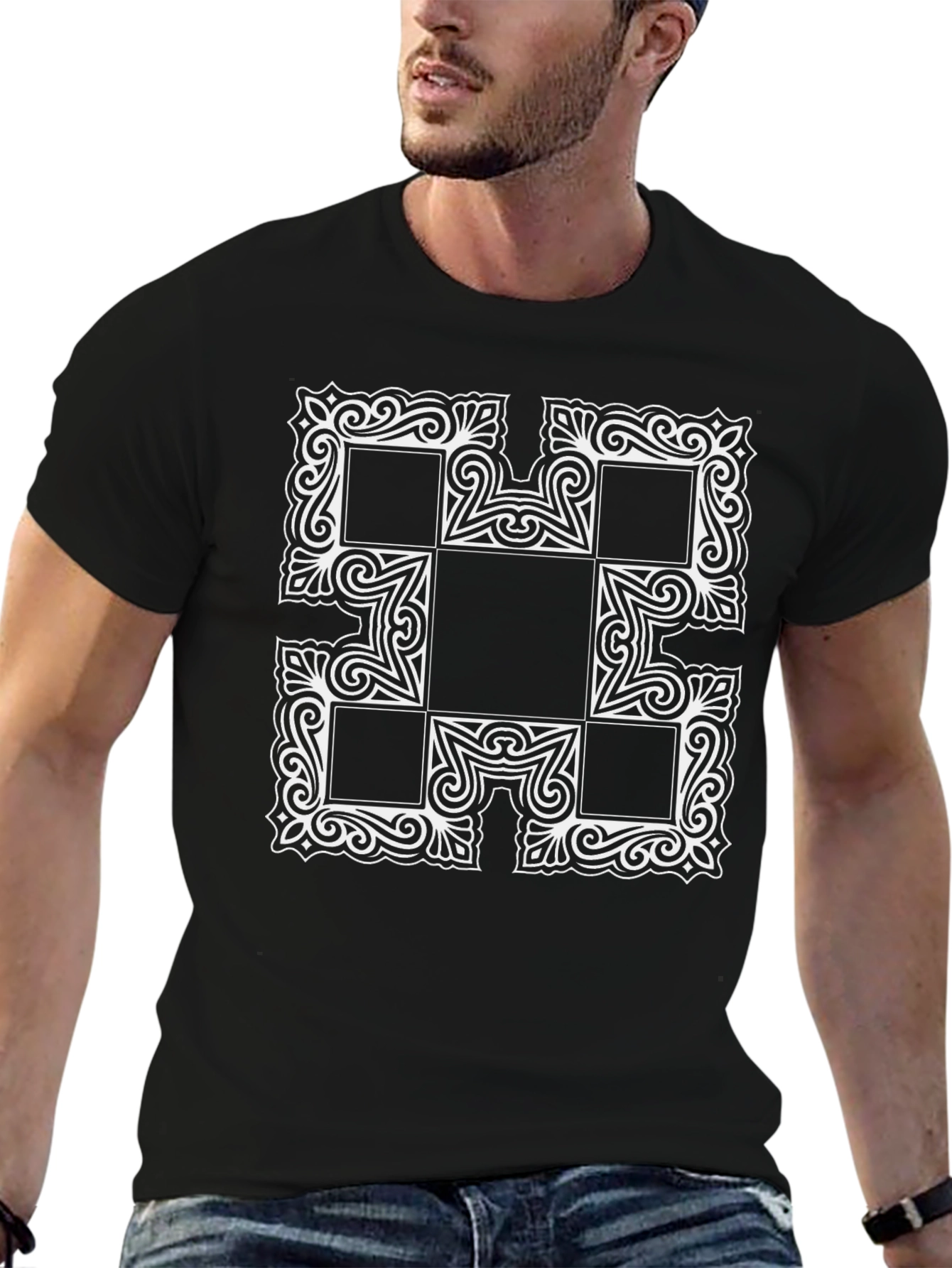Abstract Square Pattern Black T-Shirt