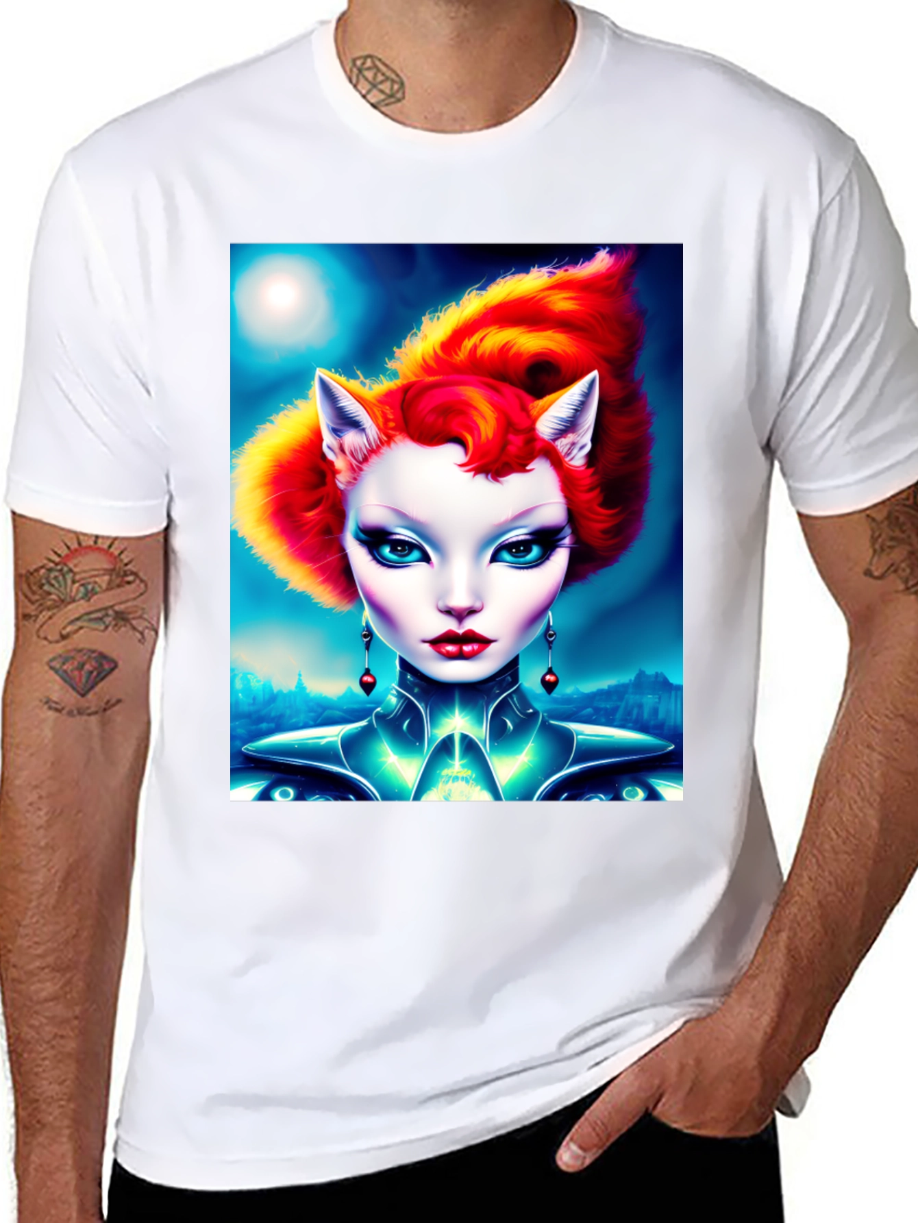 Futuristic Cat Lady Black T-Shirt